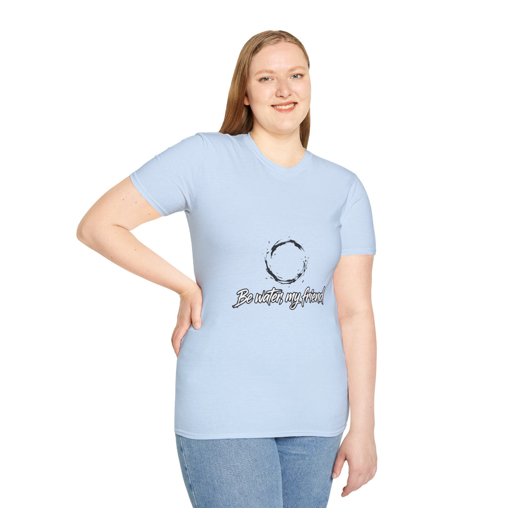 New T‑Shirt Minimal Zen Brush Circle with “Be Water, My Friend” Inspirational Graphic