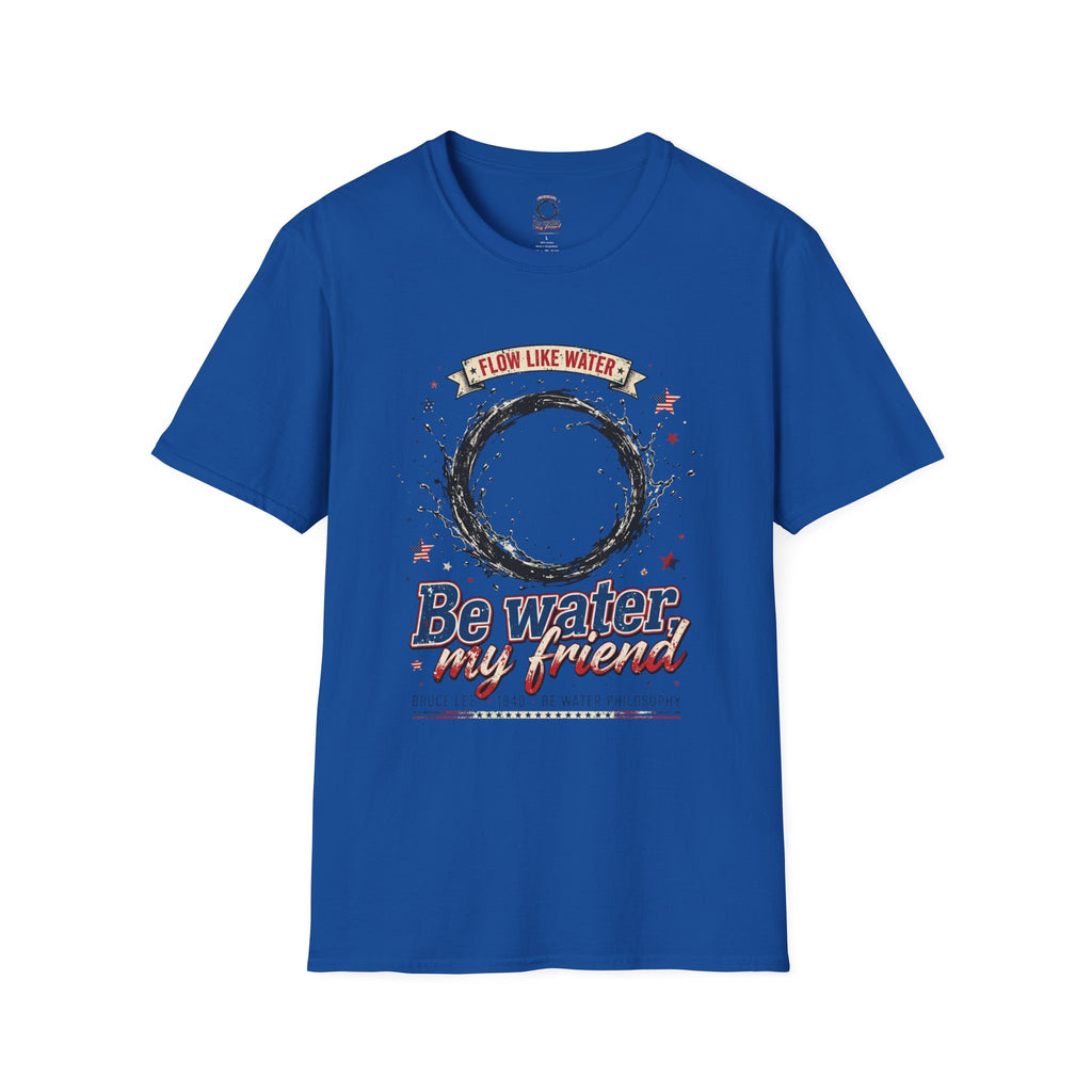 The “Be Water” Tee – Bruce Lee’s Flow Philosophy on a Retro-Inspired Shirt, Featuring FLOW LIKE WATER and 1940 Badge, Black Type on Soft Fabric