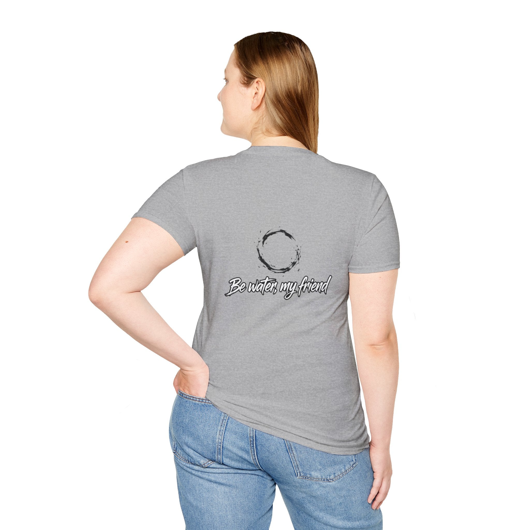 New T‑Shirt Minimal Zen Brush Circle with “Be Water, My Friend” Inspirational Graphic