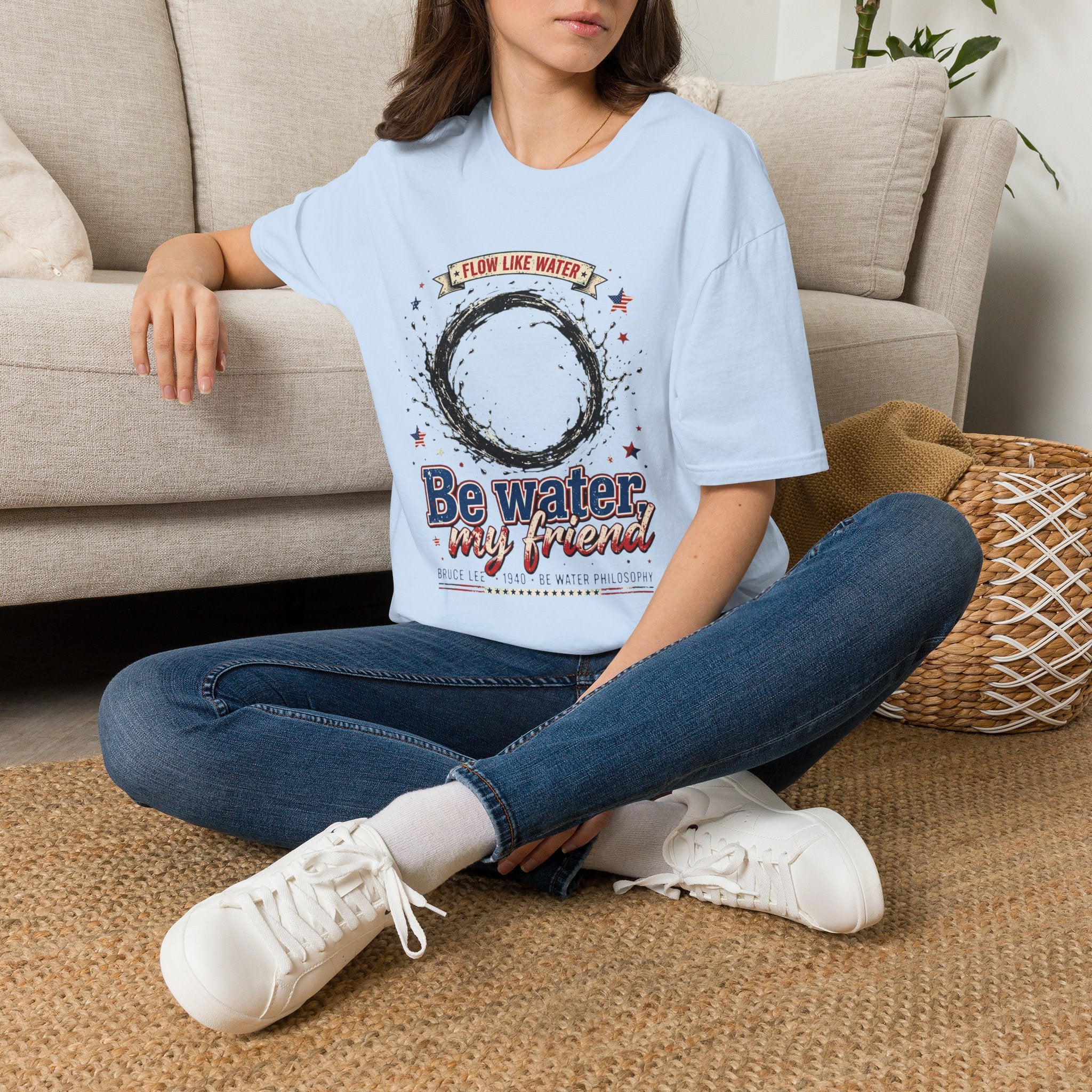 The “Be Water” Tee – Bruce Lee’s Flow Philosophy on a Retro-Inspired Shirt, Featuring FLOW LIKE WATER and 1940 Badge, Black Type on Soft Fabric