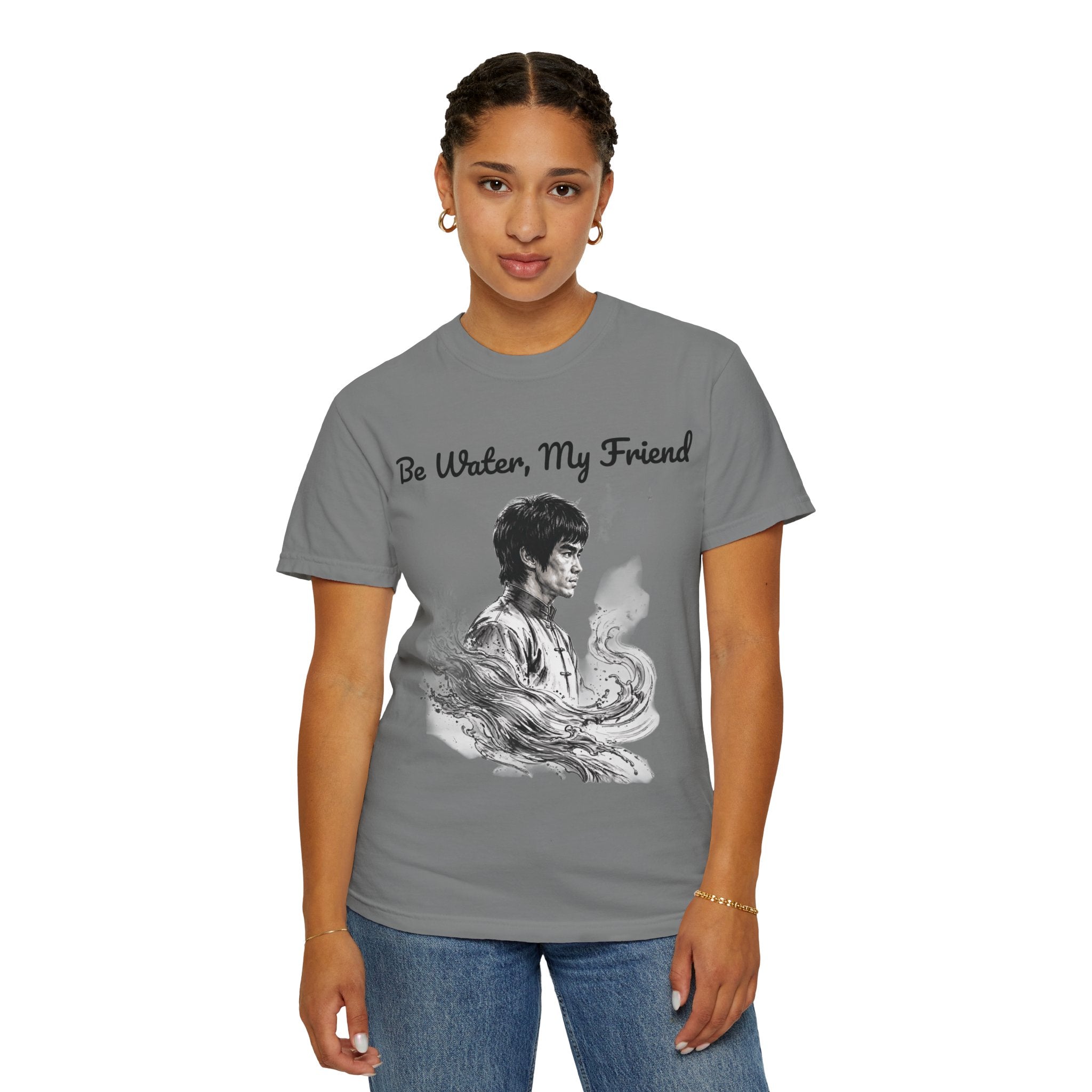 Embrace Adaptability: Bruce Lee Graphic T-Shirt, Classic Monochrome Portrait, Vintage Wash
