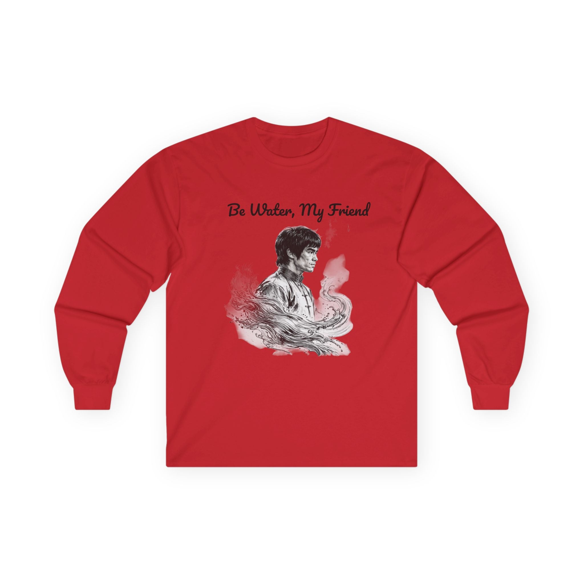 Flow Like Water: Bruce Lee Long Sleeve Crew Tee – Timeless Wisdom with Minimalist Water Art, Perfect for Layering