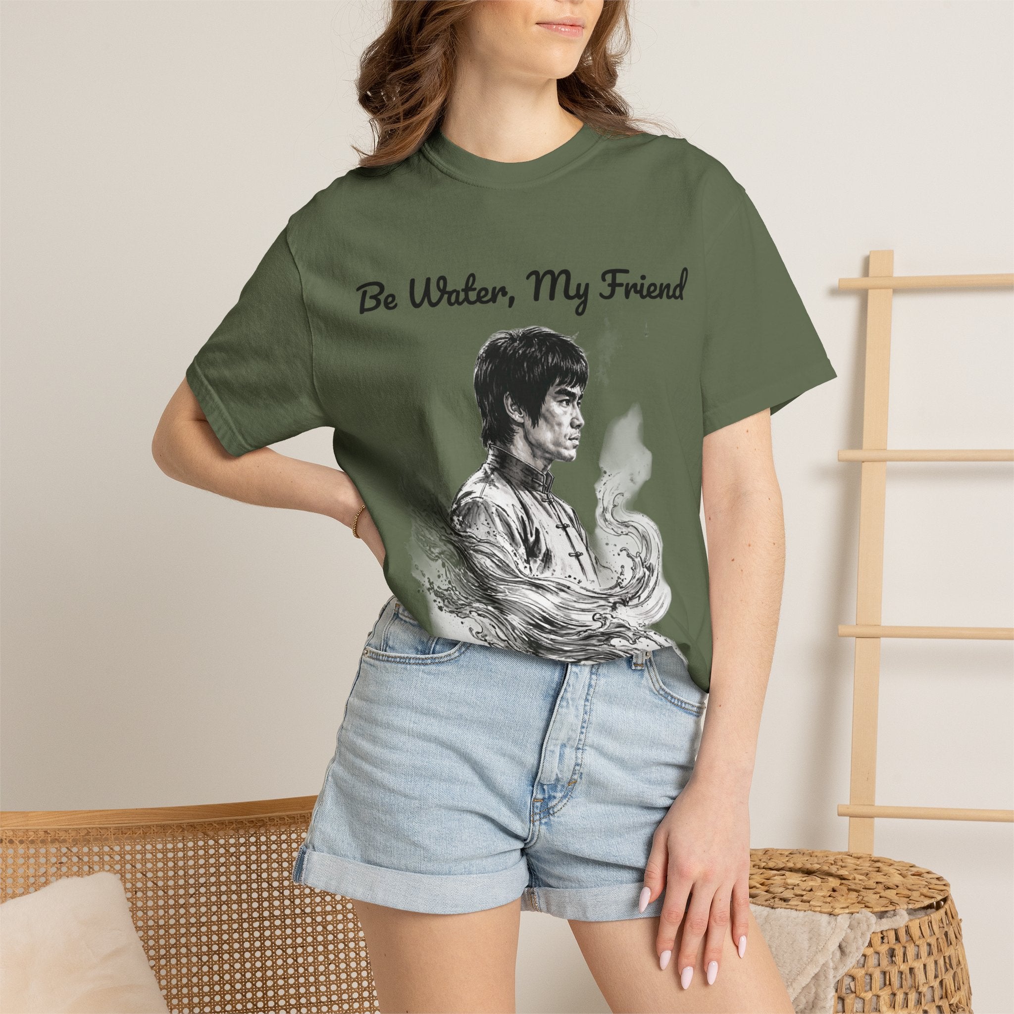 Embrace Adaptability: Bruce Lee Graphic T-Shirt, Classic Monochrome Portrait, Vintage Wash