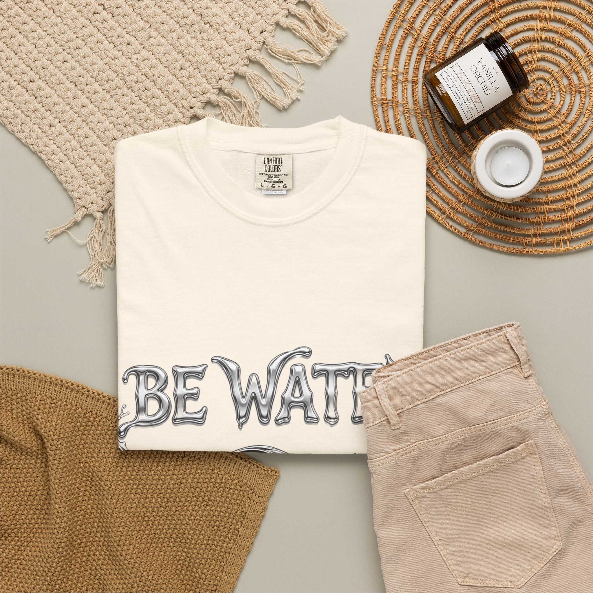 "Be Water, My Friend" Quote Tee – Soft Garment-Dyed Cotton with Flowing Water Art