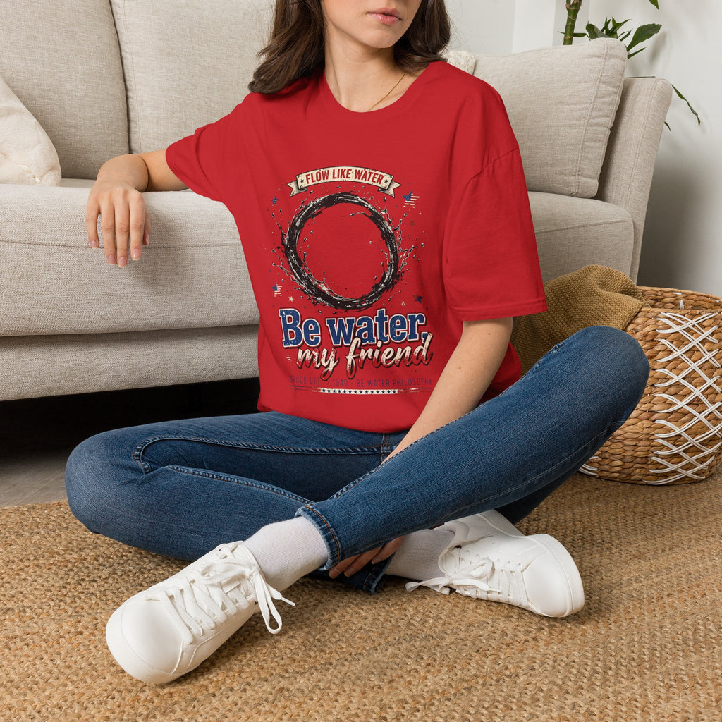 The “Be Water” Tee – Bruce Lee’s Flow Philosophy on a Retro-Inspired Shirt, Featuring FLOW LIKE WATER and 1940 Badge, Black Type on Soft Fabric