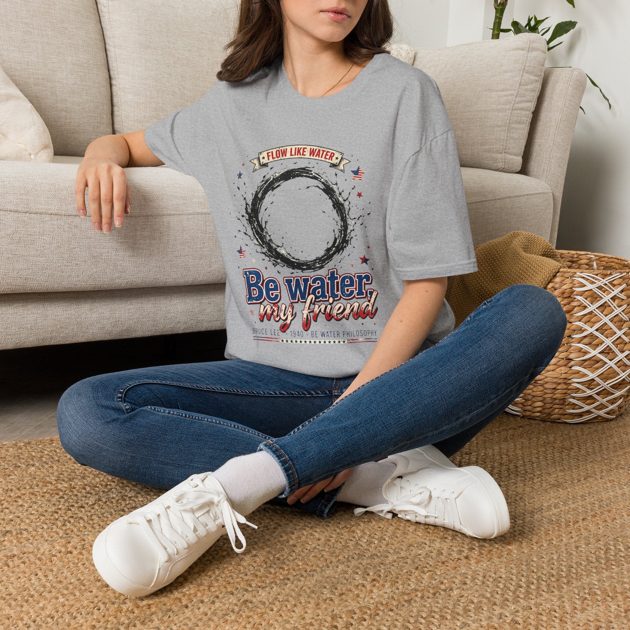 The “Be Water” Tee – Bruce Lee’s Flow Philosophy on a Retro-Inspired Shirt, Featuring FLOW LIKE WATER and 1940 Badge, Black Type on Soft Fabric