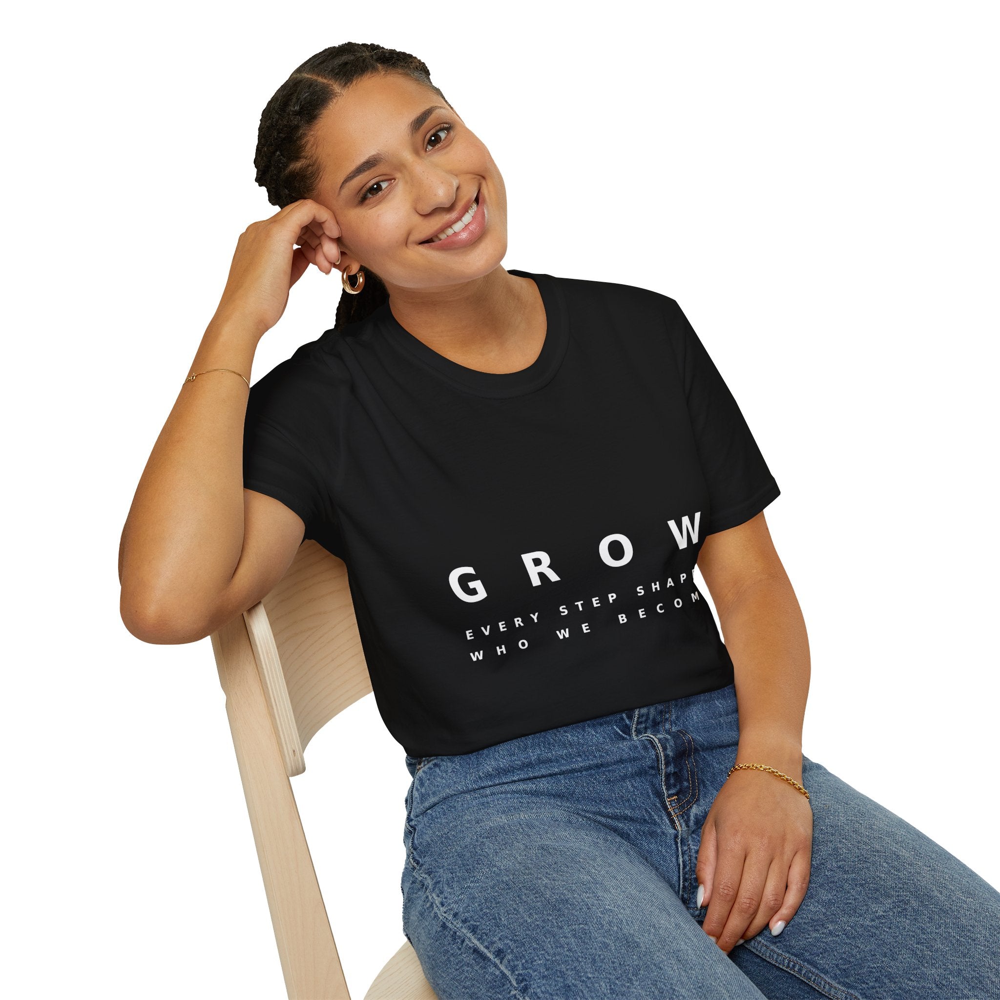 Grow Unisex Softstyle Black T-Shirt EVERY STEP SHAPES WHO WE BECOME' Graphic Tee
