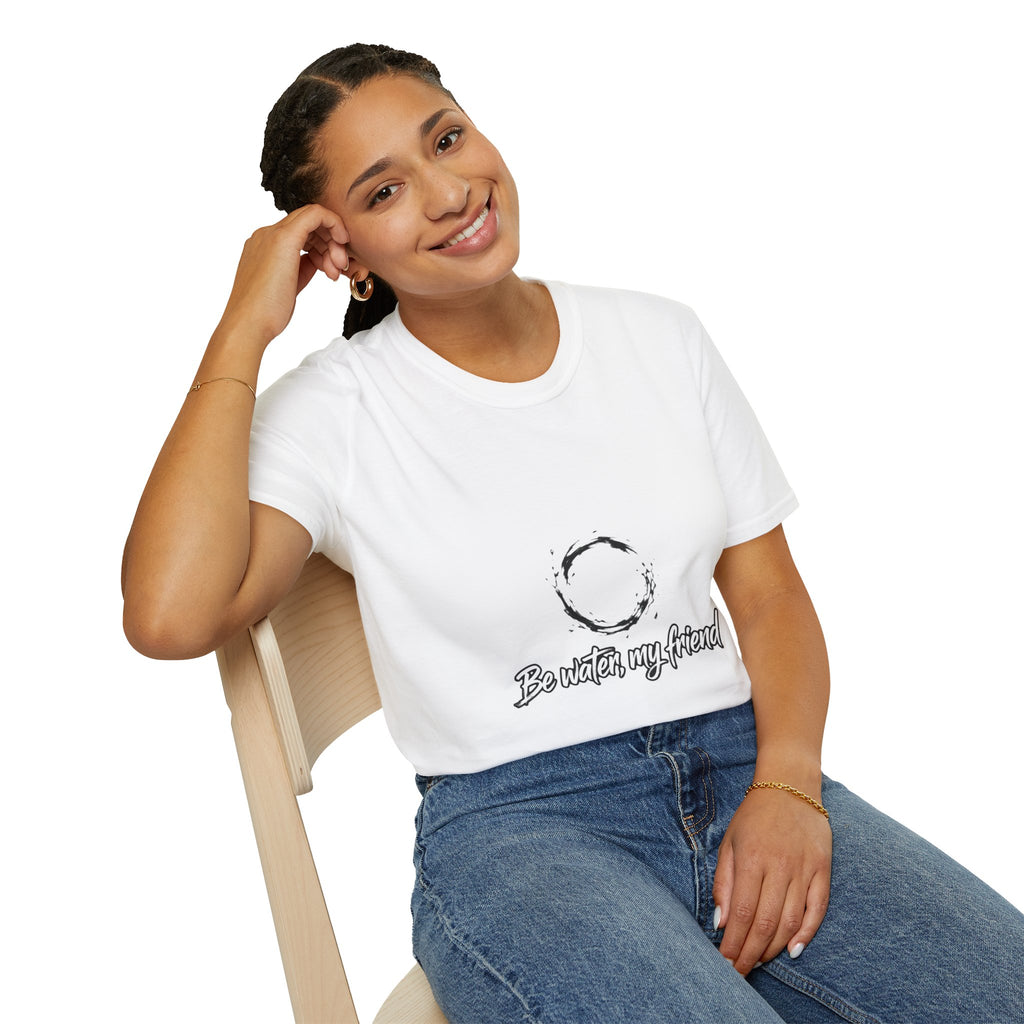 New T‑Shirt Minimal Zen Brush Circle with “Be Water, My Friend” Inspirational Graphic