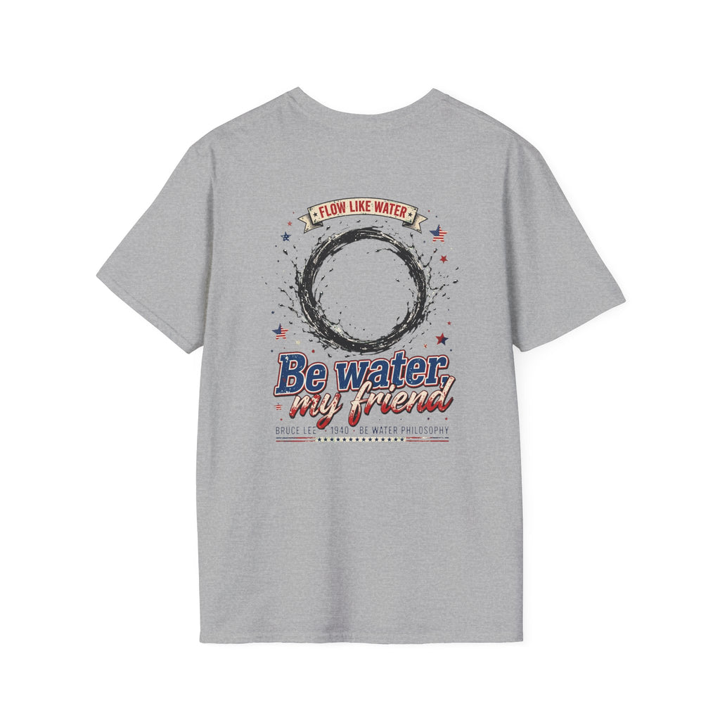 The “Be Water” Tee – Bruce Lee’s Flow Philosophy on a Retro-Inspired Shirt, Featuring FLOW LIKE WATER and 1940 Badge, Black Type on Soft Fabric