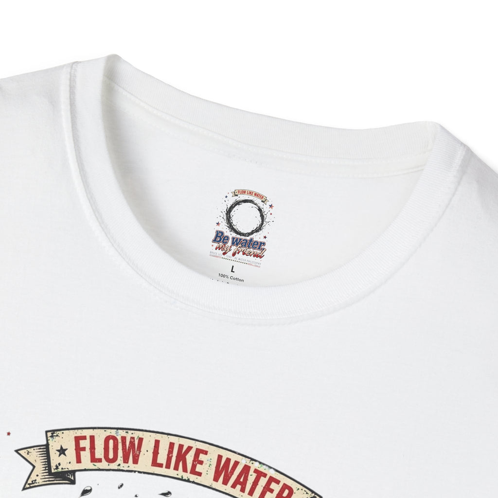 The “Be Water” Tee – Bruce Lee’s Flow Philosophy on a Retro-Inspired Shirt, Featuring FLOW LIKE WATER and 1940 Badge, Black Type on Soft Fabric