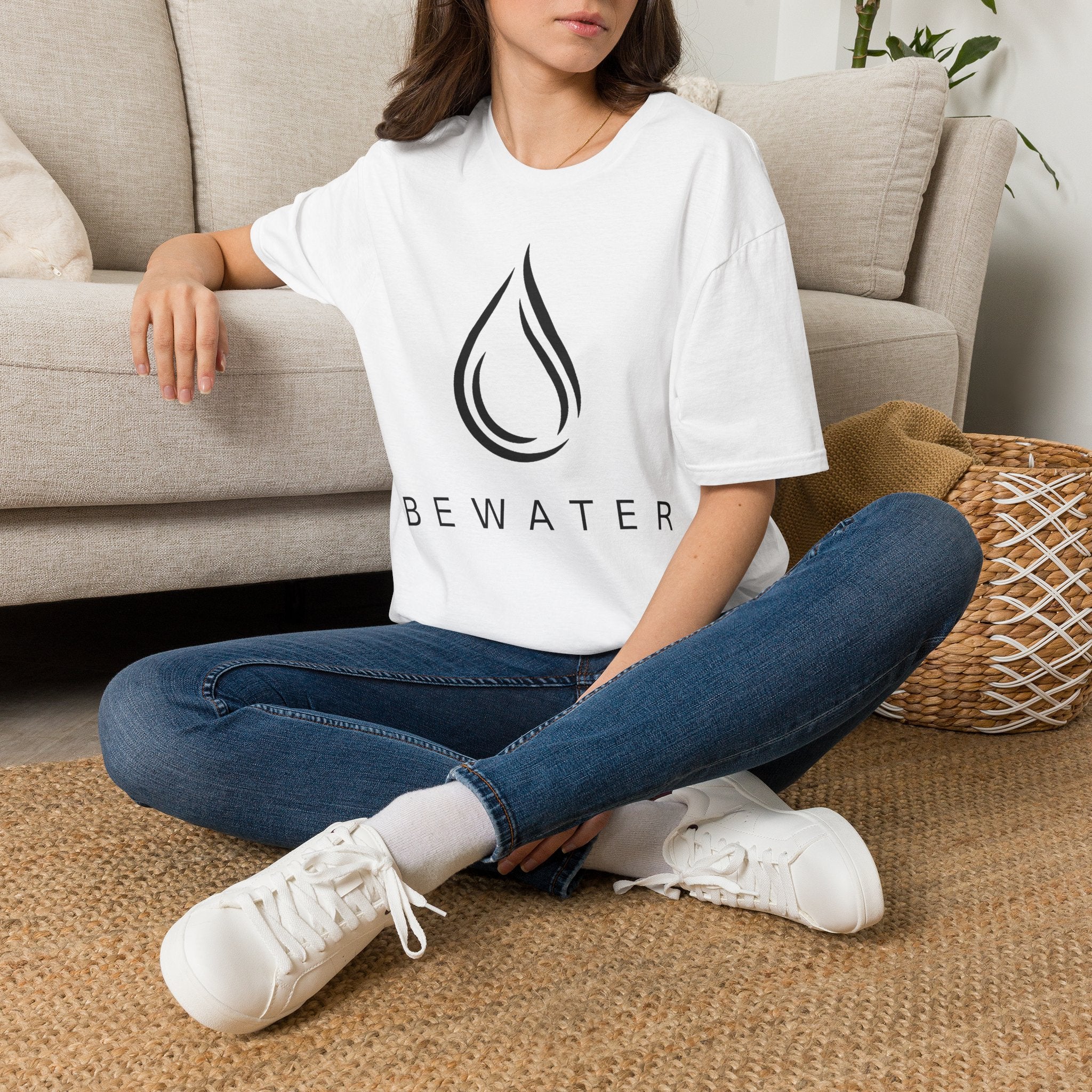 BEWATER Logo White T-Shirt — Minimal Water Drop Graphic Tee