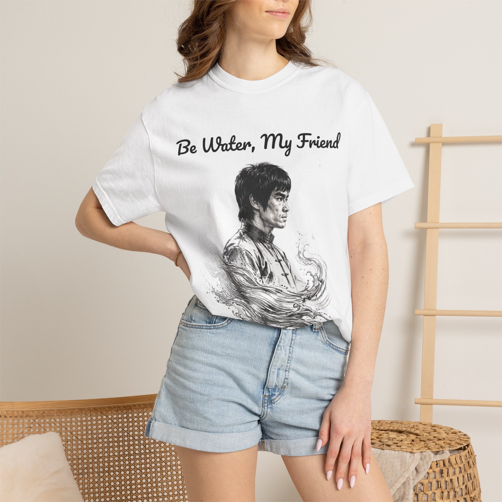 Embrace Adaptability: Bruce Lee Graphic T-Shirt, Classic Monochrome Portrait, Vintage Wash