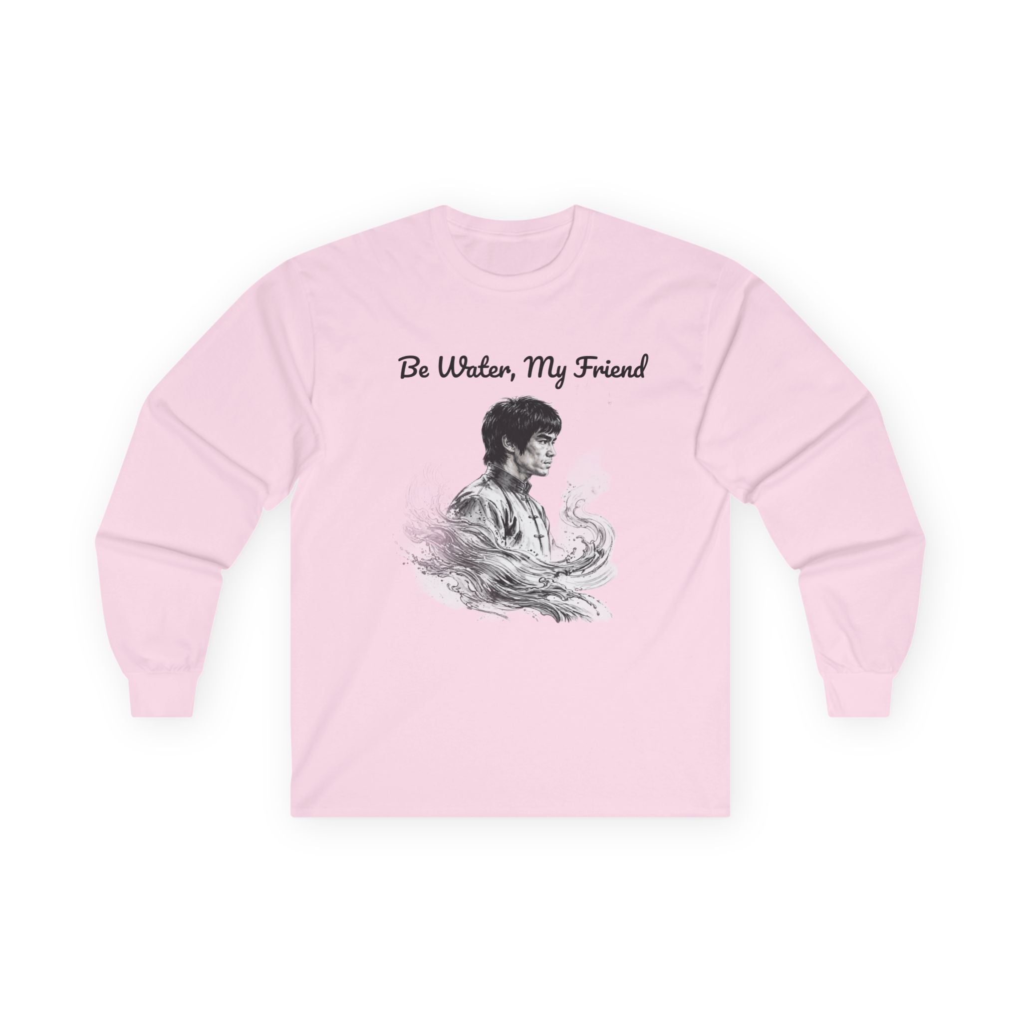 Flow Like Water: Bruce Lee Long Sleeve Crew Tee – Timeless Wisdom with Minimalist Water Art, Perfect for Layering