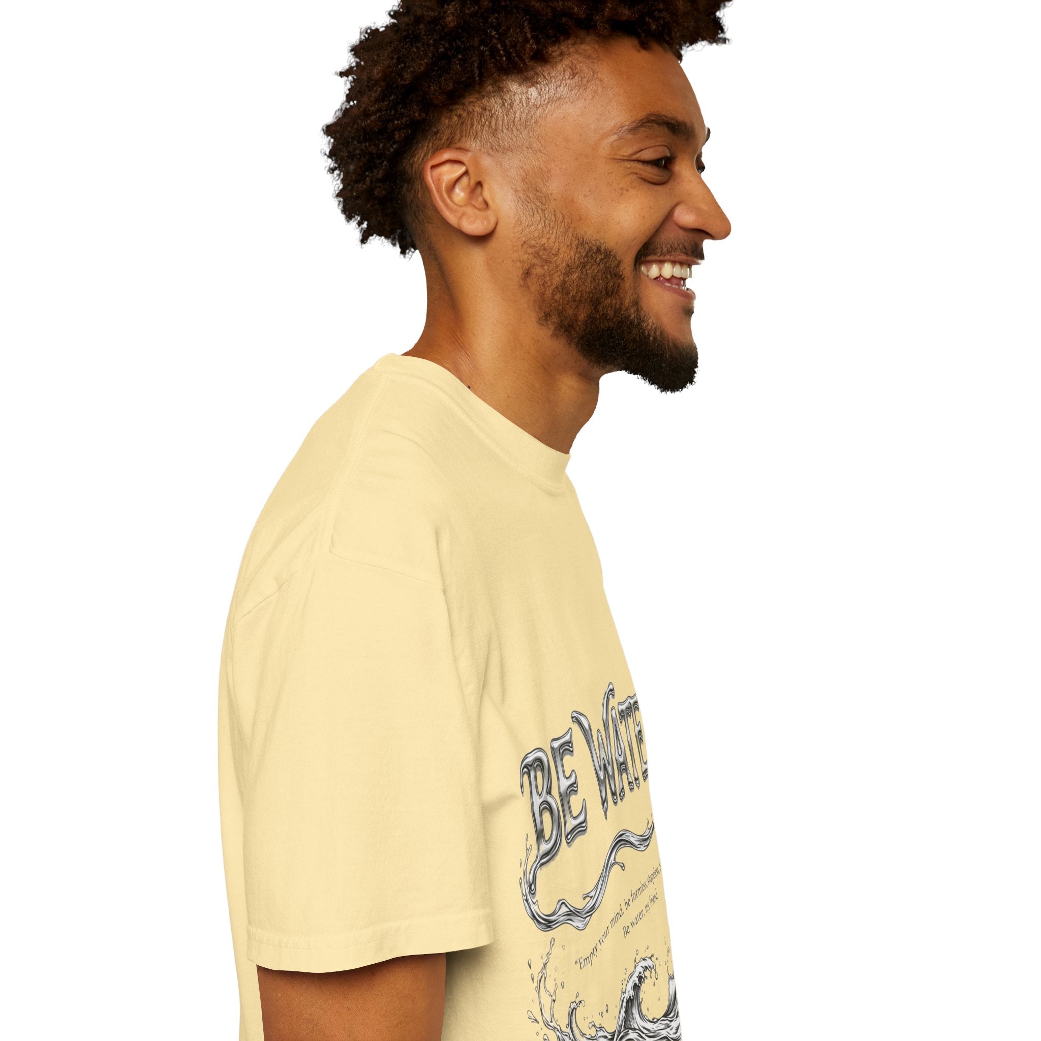 "Be Water, My Friend" Quote Tee – Soft Garment-Dyed Cotton with Flowing Water Art