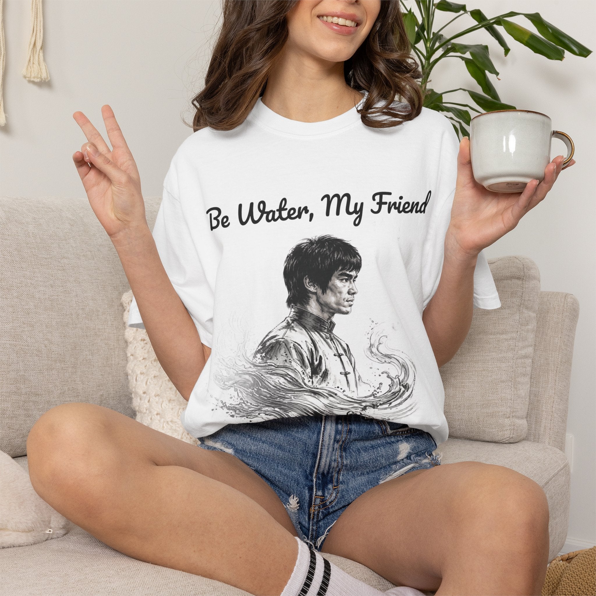 Embrace Adaptability: Bruce Lee Graphic T-Shirt, Classic Monochrome Portrait, Vintage Wash
