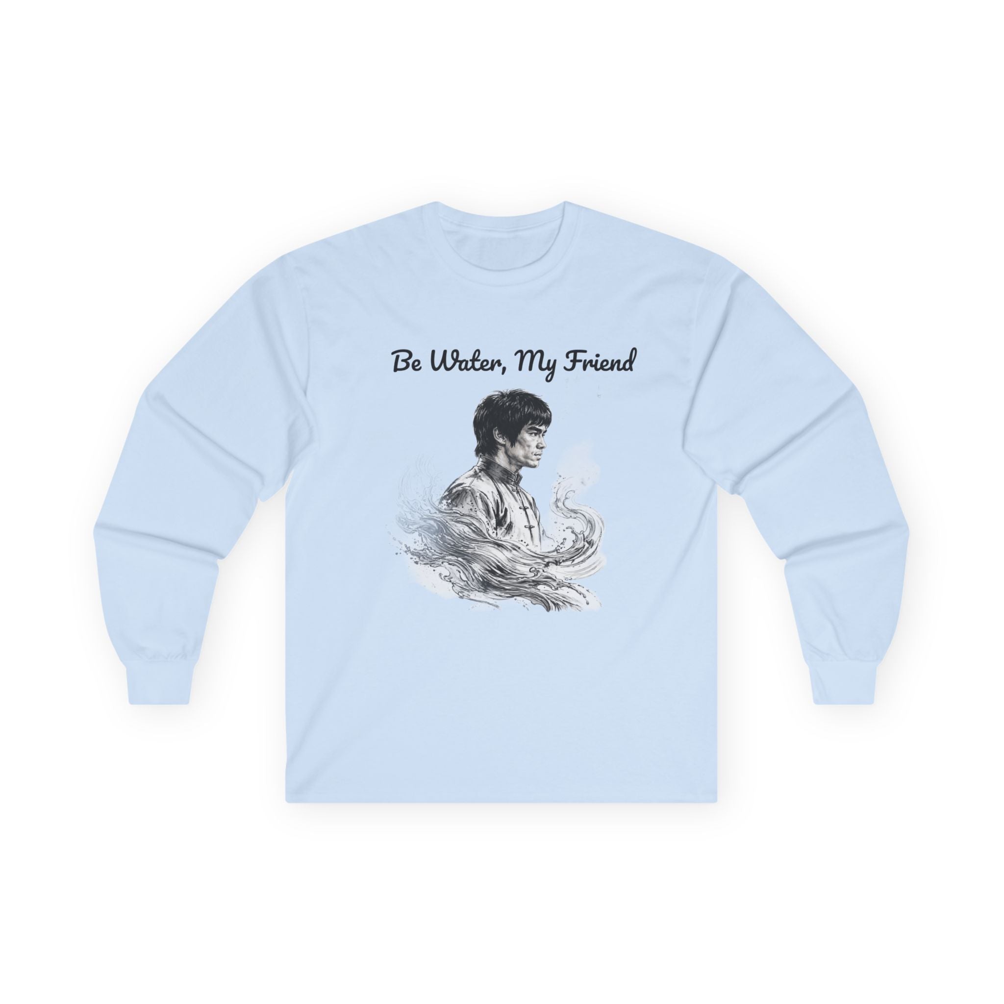 Flow Like Water: Bruce Lee Long Sleeve Crew Tee – Timeless Wisdom with Minimalist Water Art, Perfect for Layering