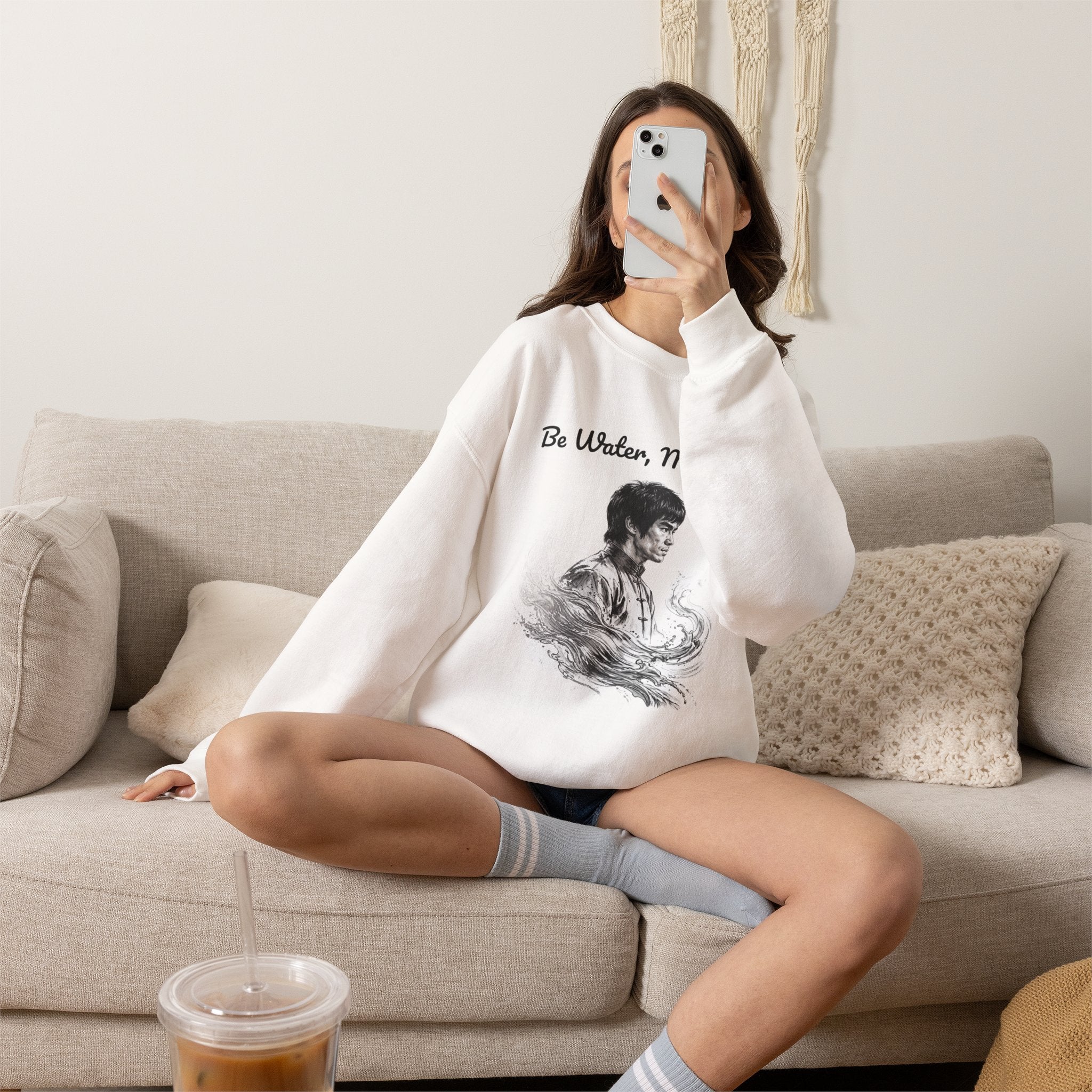 "Be Water" Sweatshirt – Bruce Lee Classic Quote with Water Portrait, Soft Brushed Interior, Perfect for Cold Weather Layering