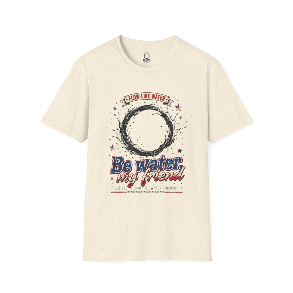 The “Be Water” Tee – Bruce Lee’s Flow Philosophy on a Retro-Inspired Shirt, Featuring FLOW LIKE WATER and 1940 Badge, Black Type on Soft Fabric