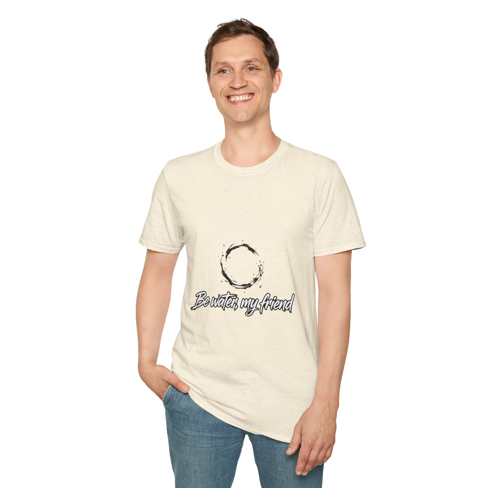 New T‑Shirt Minimal Zen Brush Circle with “Be Water, My Friend” Inspirational Graphic