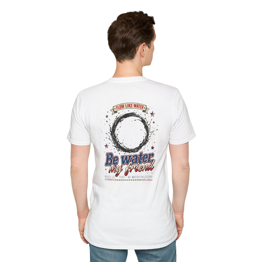 The “Be Water” Tee – Bruce Lee’s Flow Philosophy on a Retro-Inspired Shirt, Featuring FLOW LIKE WATER and 1940 Badge, Black Type on Soft Fabric