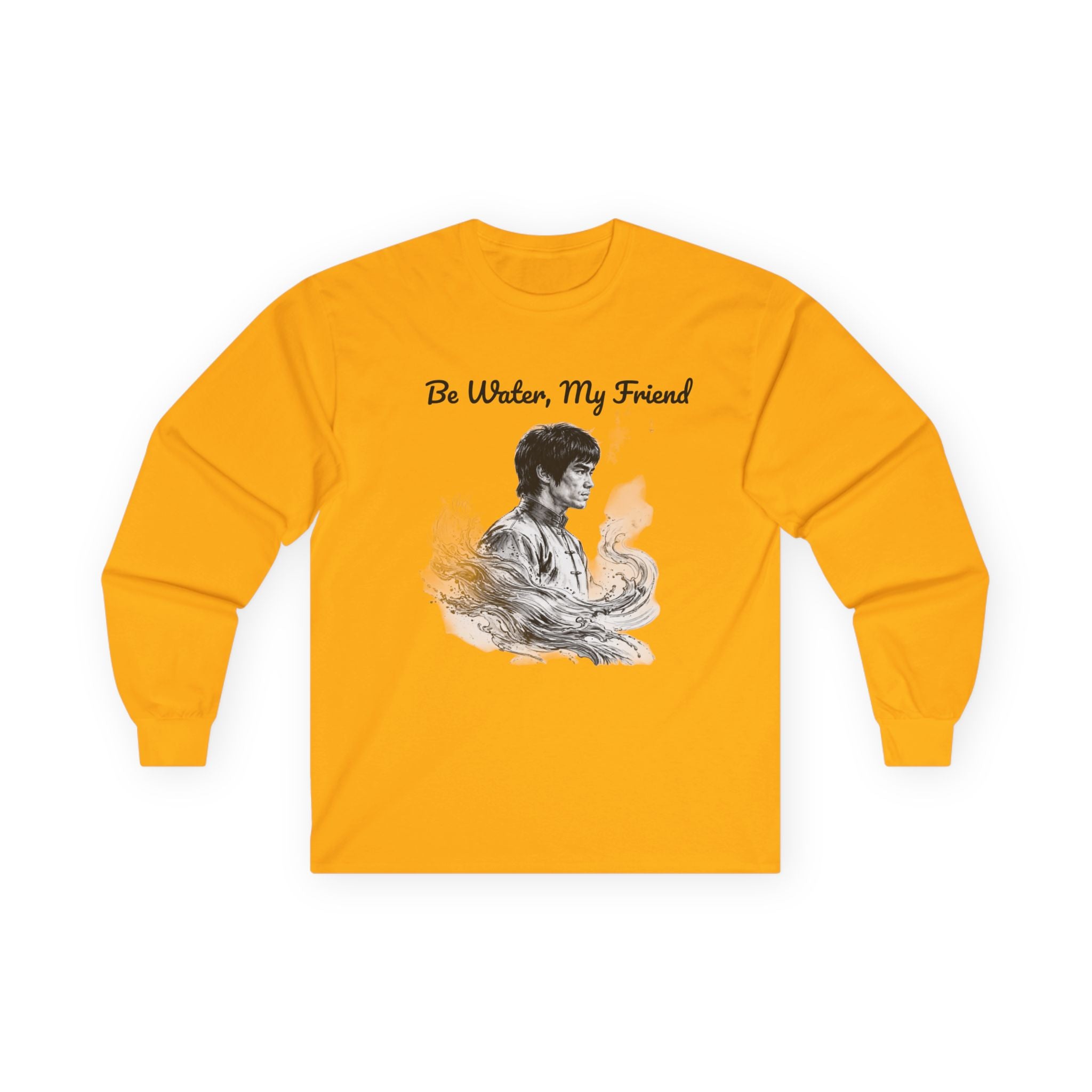 Flow Like Water: Bruce Lee Long Sleeve Crew Tee – Timeless Wisdom with Minimalist Water Art, Perfect for Layering