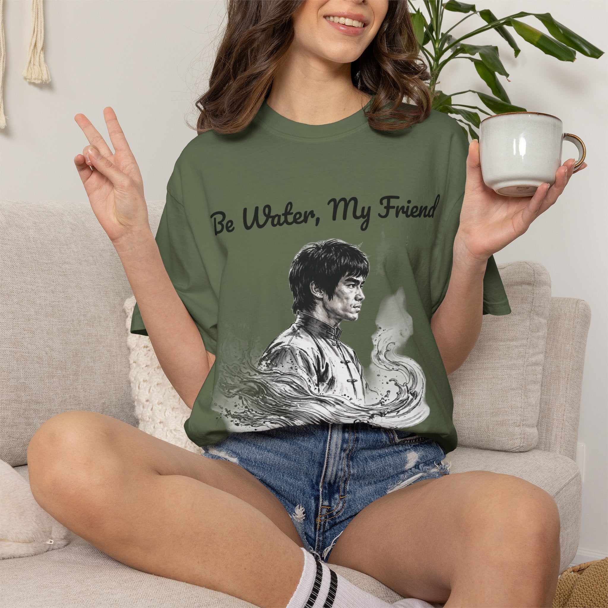 Embrace Adaptability: Bruce Lee Graphic T-Shirt, Classic Monochrome Portrait, Vintage Wash