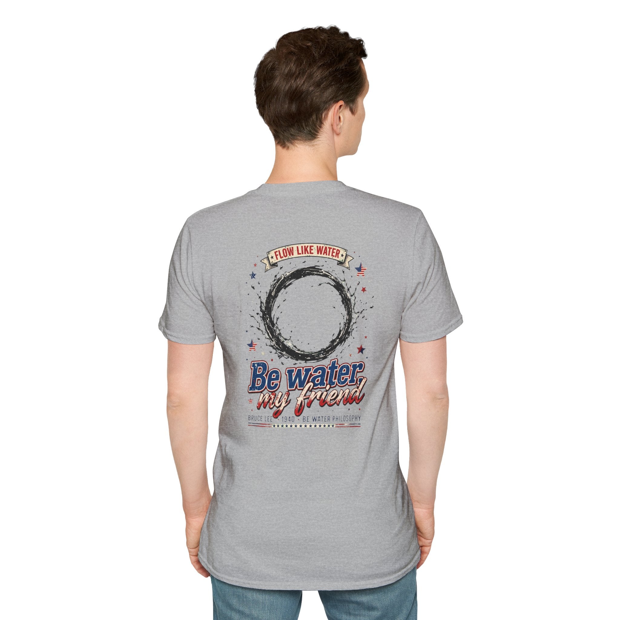 The “Be Water” Tee – Bruce Lee’s Flow Philosophy on a Retro-Inspired Shirt, Featuring FLOW LIKE WATER and 1940 Badge, Black Type on Soft Fabric