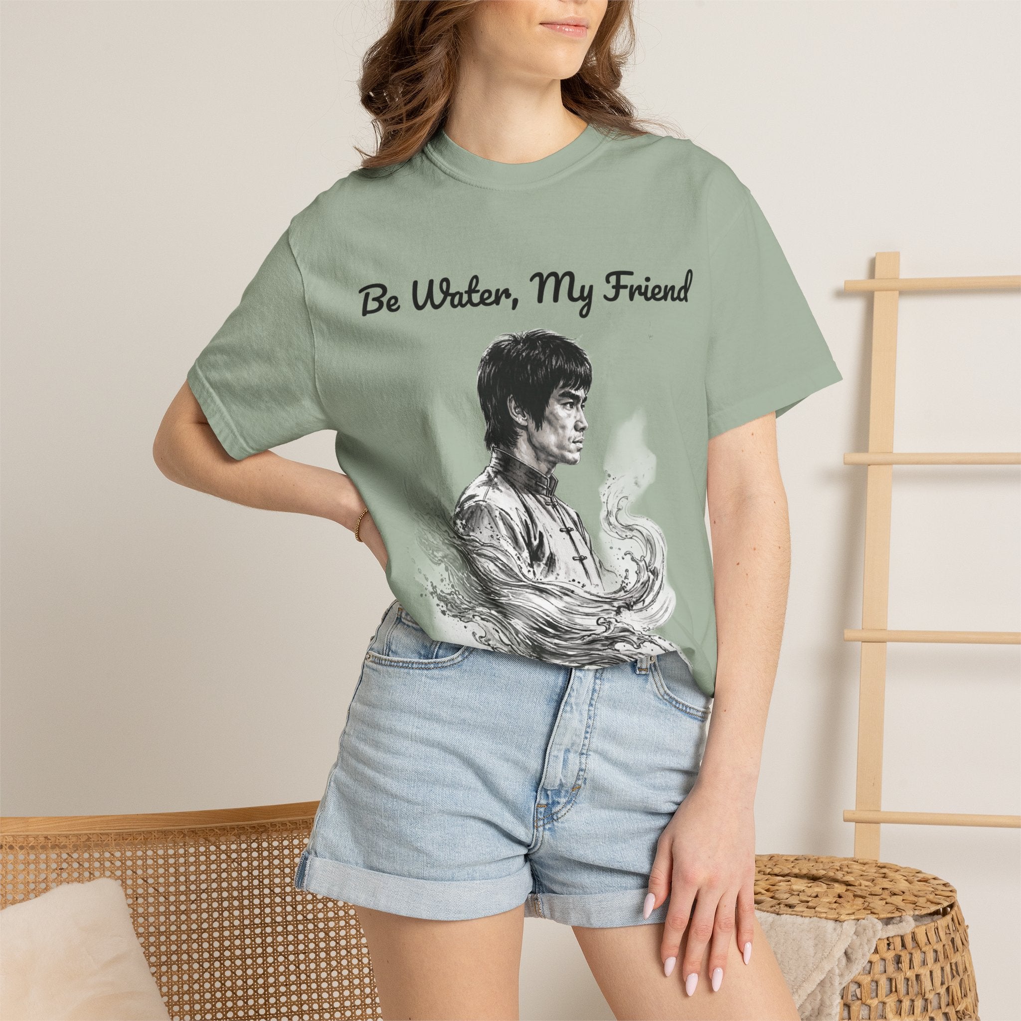 Embrace Adaptability: Bruce Lee Graphic T-Shirt, Classic Monochrome Portrait, Vintage Wash