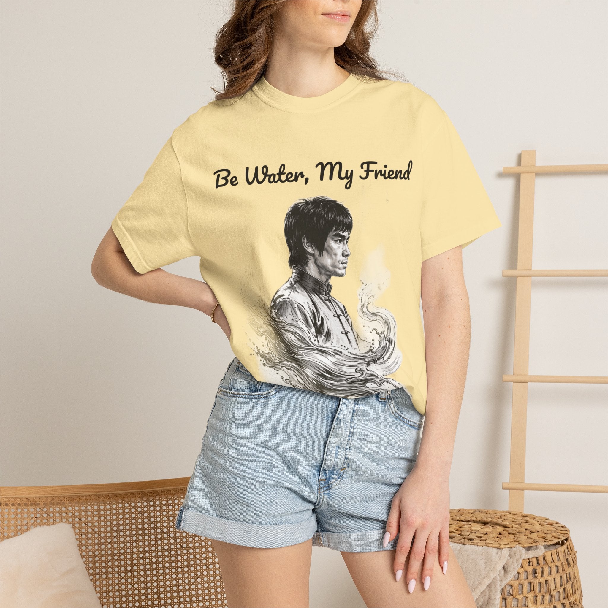 Embrace Adaptability: Bruce Lee Graphic T-Shirt, Classic Monochrome Portrait, Vintage Wash