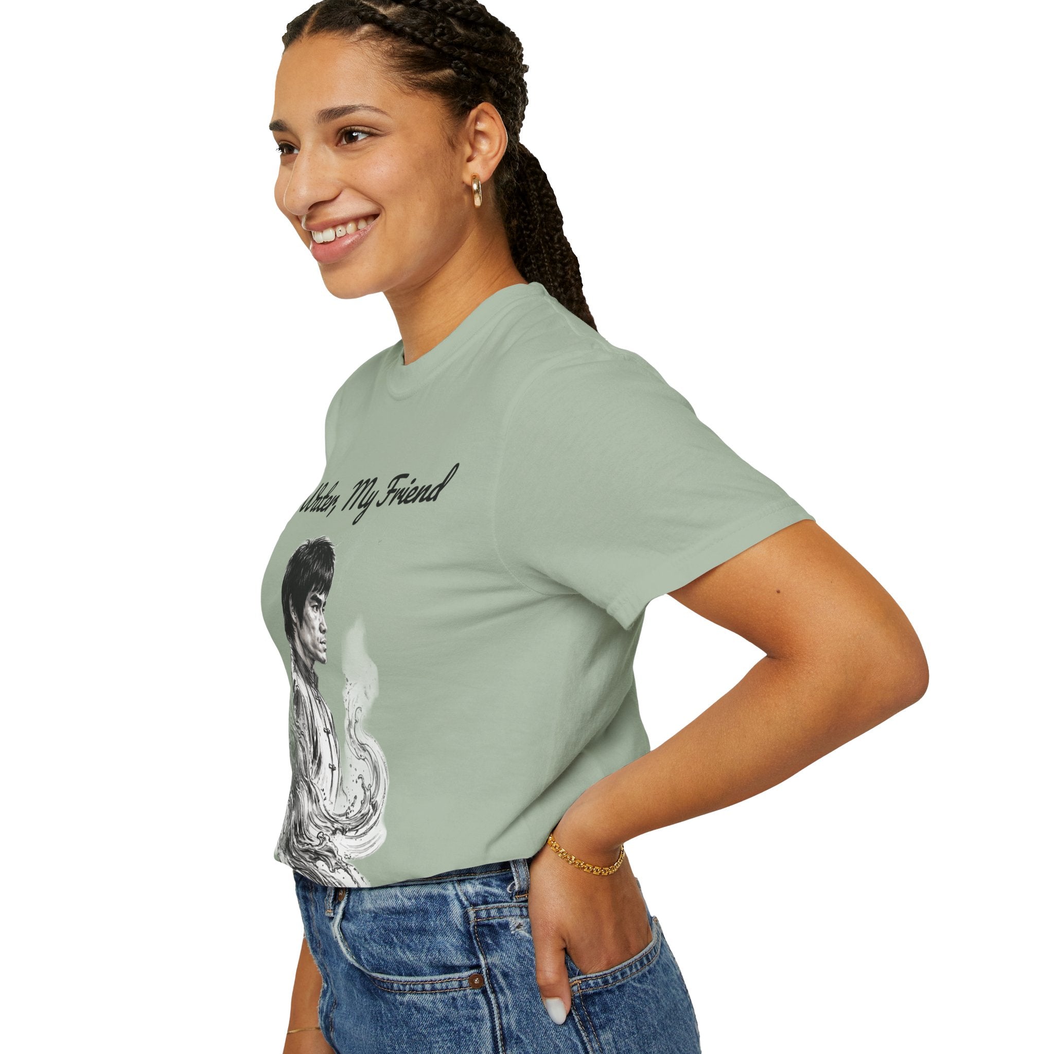 Embrace Adaptability: Bruce Lee Graphic T-Shirt, Classic Monochrome Portrait, Vintage Wash