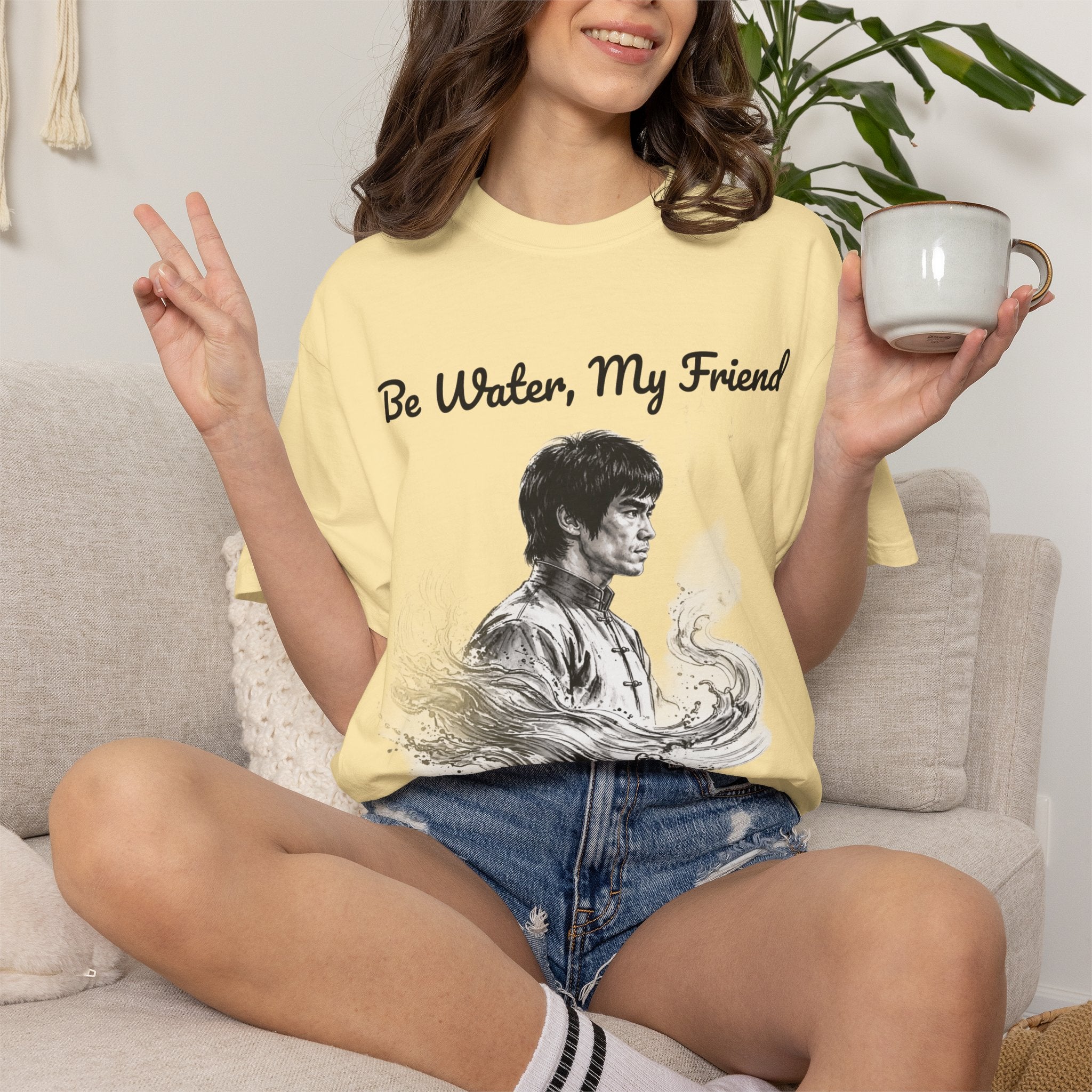 Embrace Adaptability: Bruce Lee Graphic T-Shirt, Classic Monochrome Portrait, Vintage Wash