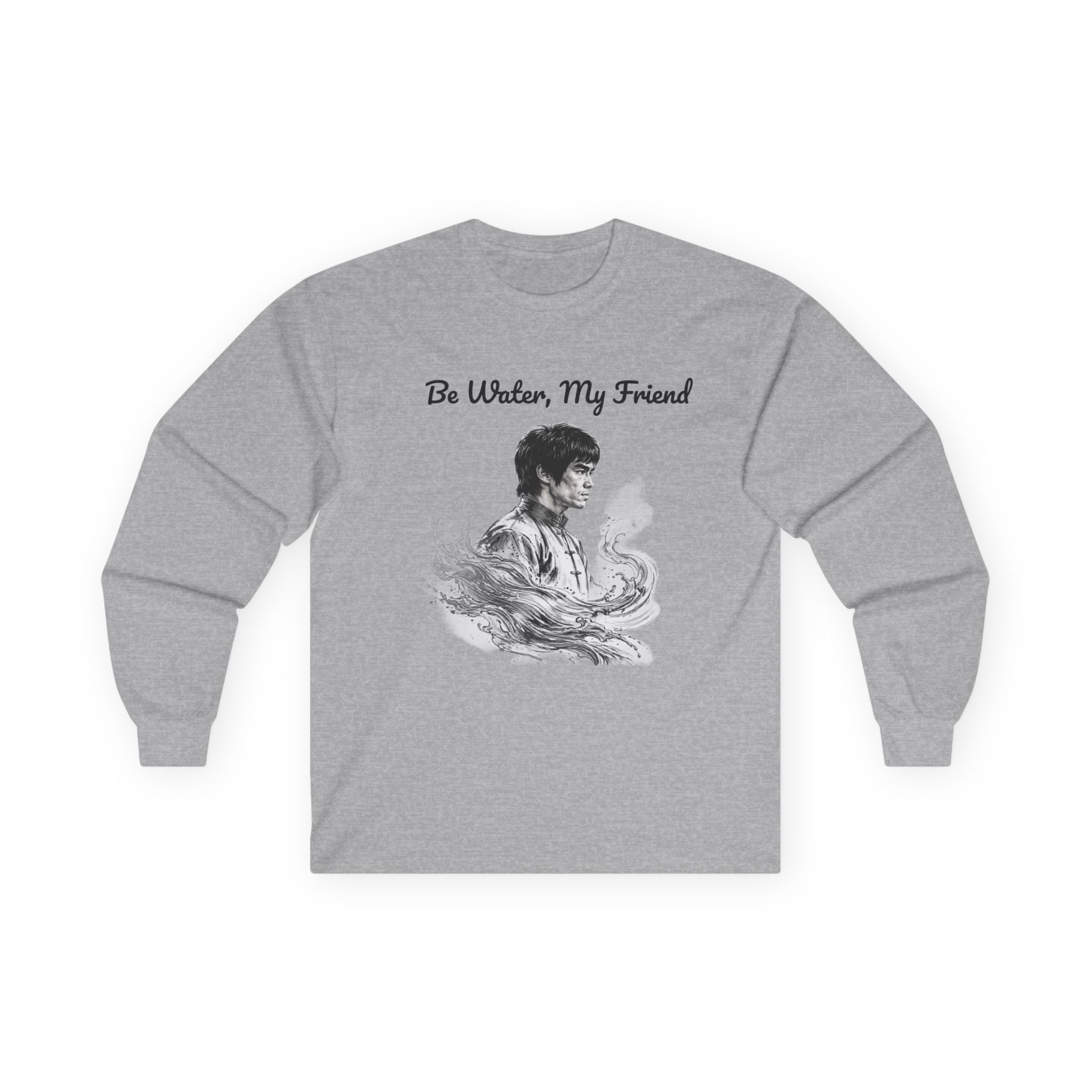 Flow Like Water: Bruce Lee Long Sleeve Crew Tee – Timeless Wisdom with Minimalist Water Art, Perfect for Layering