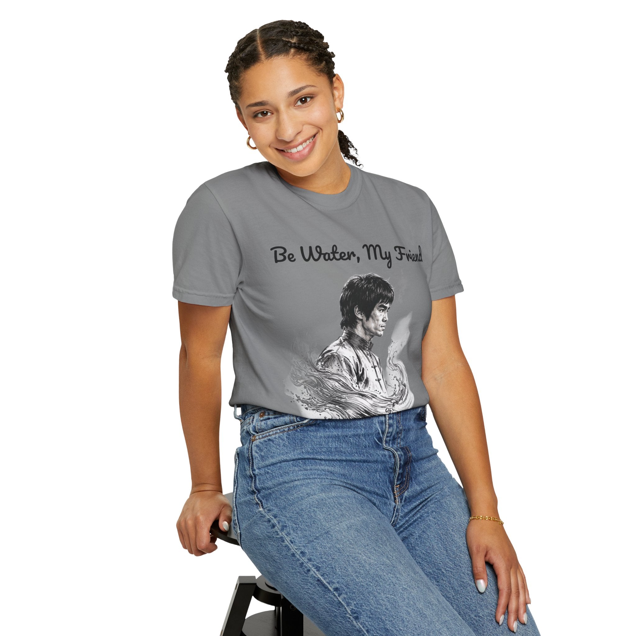 Embrace Adaptability: Bruce Lee Graphic T-Shirt, Classic Monochrome Portrait, Vintage Wash