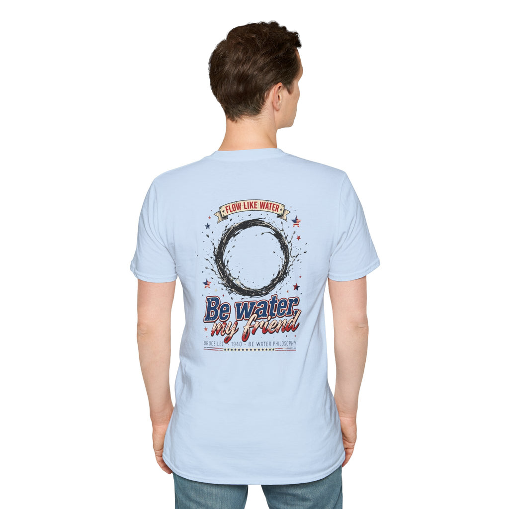 The “Be Water” Tee – Bruce Lee’s Flow Philosophy on a Retro-Inspired Shirt, Featuring FLOW LIKE WATER and 1940 Badge, Black Type on Soft Fabric