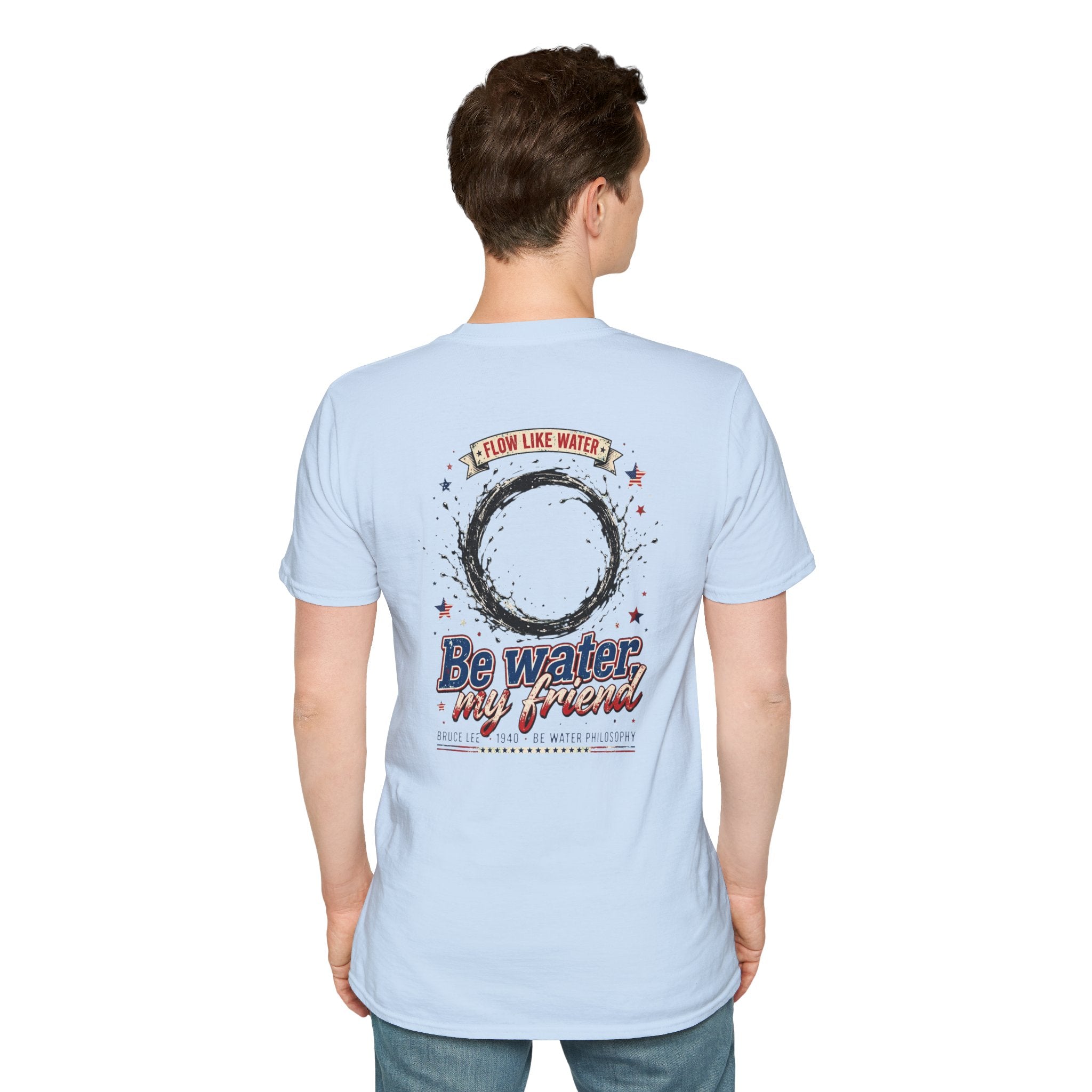 The “Be Water” Tee – Bruce Lee’s Flow Philosophy on a Retro-Inspired Shirt, Featuring FLOW LIKE WATER and 1940 Badge, Black Type on Soft Fabric