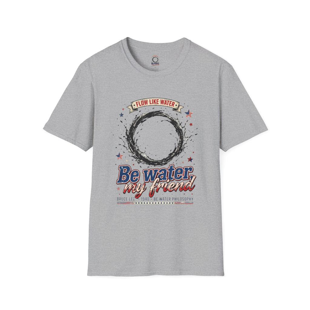 The “Be Water” Tee – Bruce Lee’s Flow Philosophy on a Retro-Inspired Shirt, Featuring FLOW LIKE WATER and 1940 Badge, Black Type on Soft Fabric