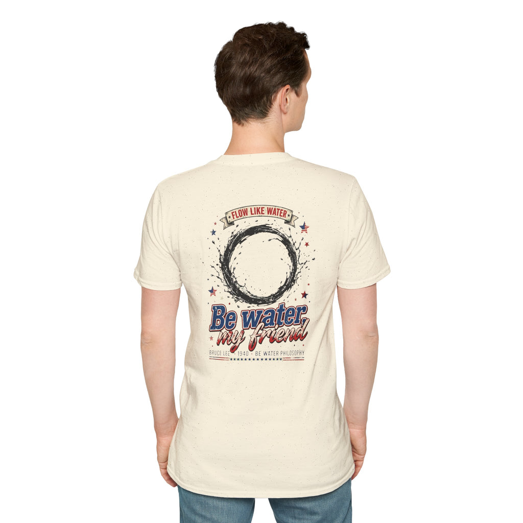 The “Be Water” Tee – Bruce Lee’s Flow Philosophy on a Retro-Inspired Shirt, Featuring FLOW LIKE WATER and 1940 Badge, Black Type on Soft Fabric