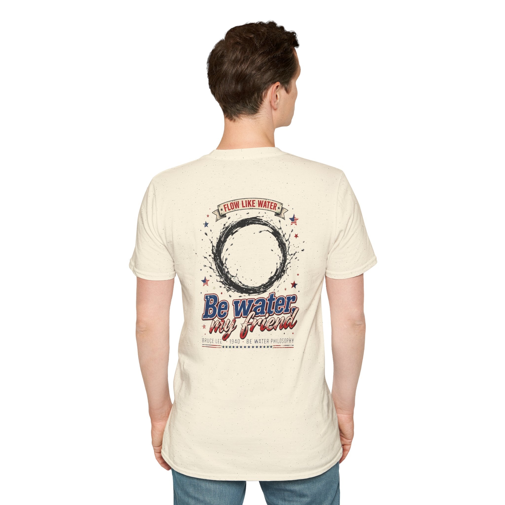 The “Be Water” Tee – Bruce Lee’s Flow Philosophy on a Retro-Inspired Shirt, Featuring FLOW LIKE WATER and 1940 Badge, Black Type on Soft Fabric
