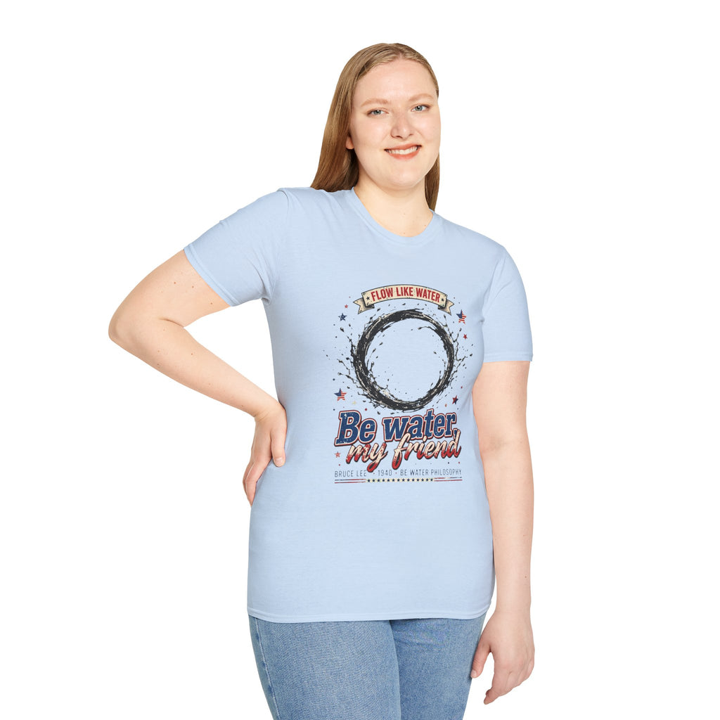 The “Be Water” Tee – Bruce Lee’s Flow Philosophy on a Retro-Inspired Shirt, Featuring FLOW LIKE WATER and 1940 Badge, Black Type on Soft Fabric