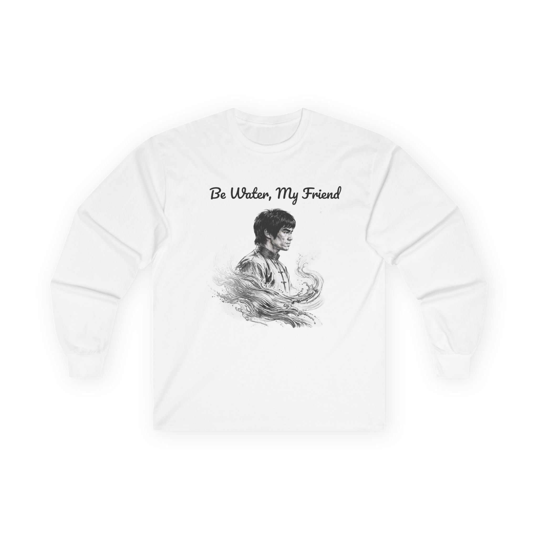 Flow Like Water: Bruce Lee Long Sleeve Crew Tee – Timeless Wisdom with Minimalist Water Art, Perfect for Layering