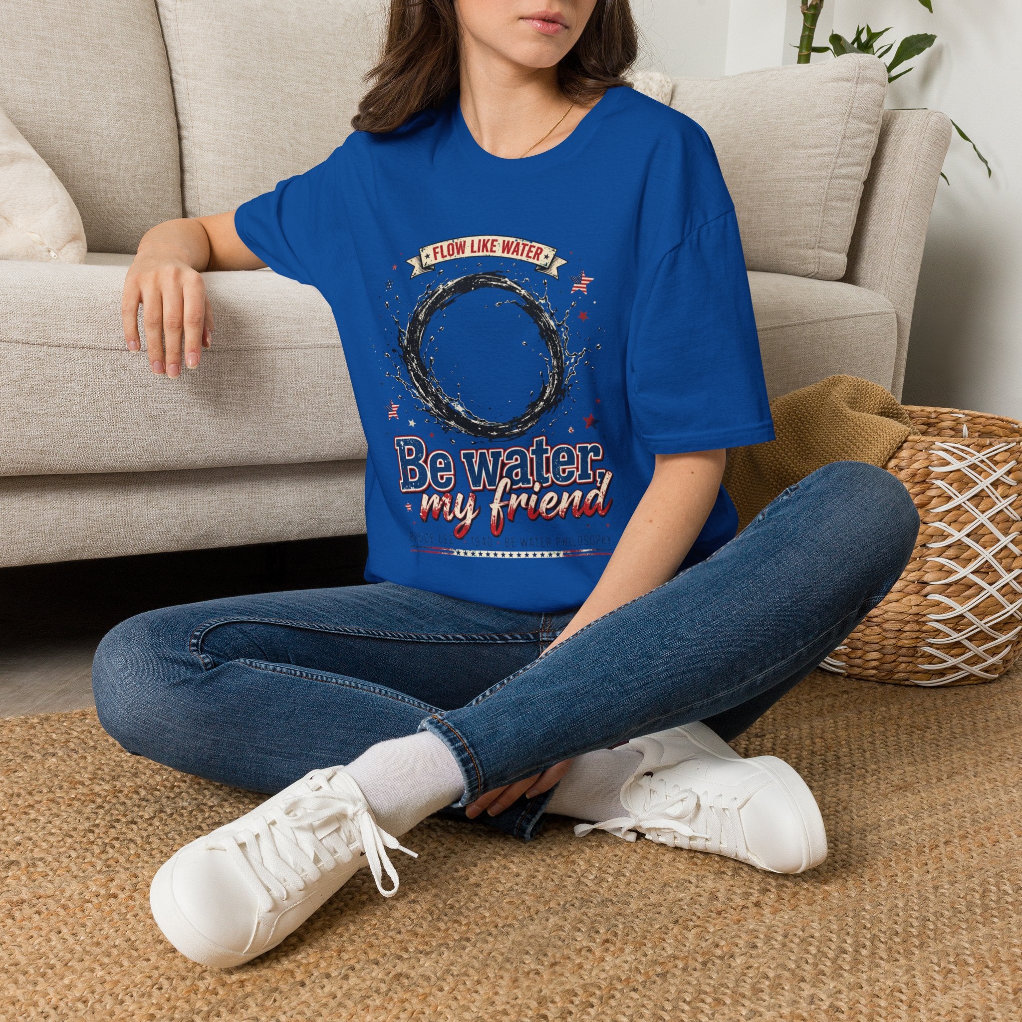 The “Be Water” Tee – Bruce Lee’s Flow Philosophy on a Retro-Inspired Shirt, Featuring FLOW LIKE WATER and 1940 Badge, Black Type on Soft Fabric