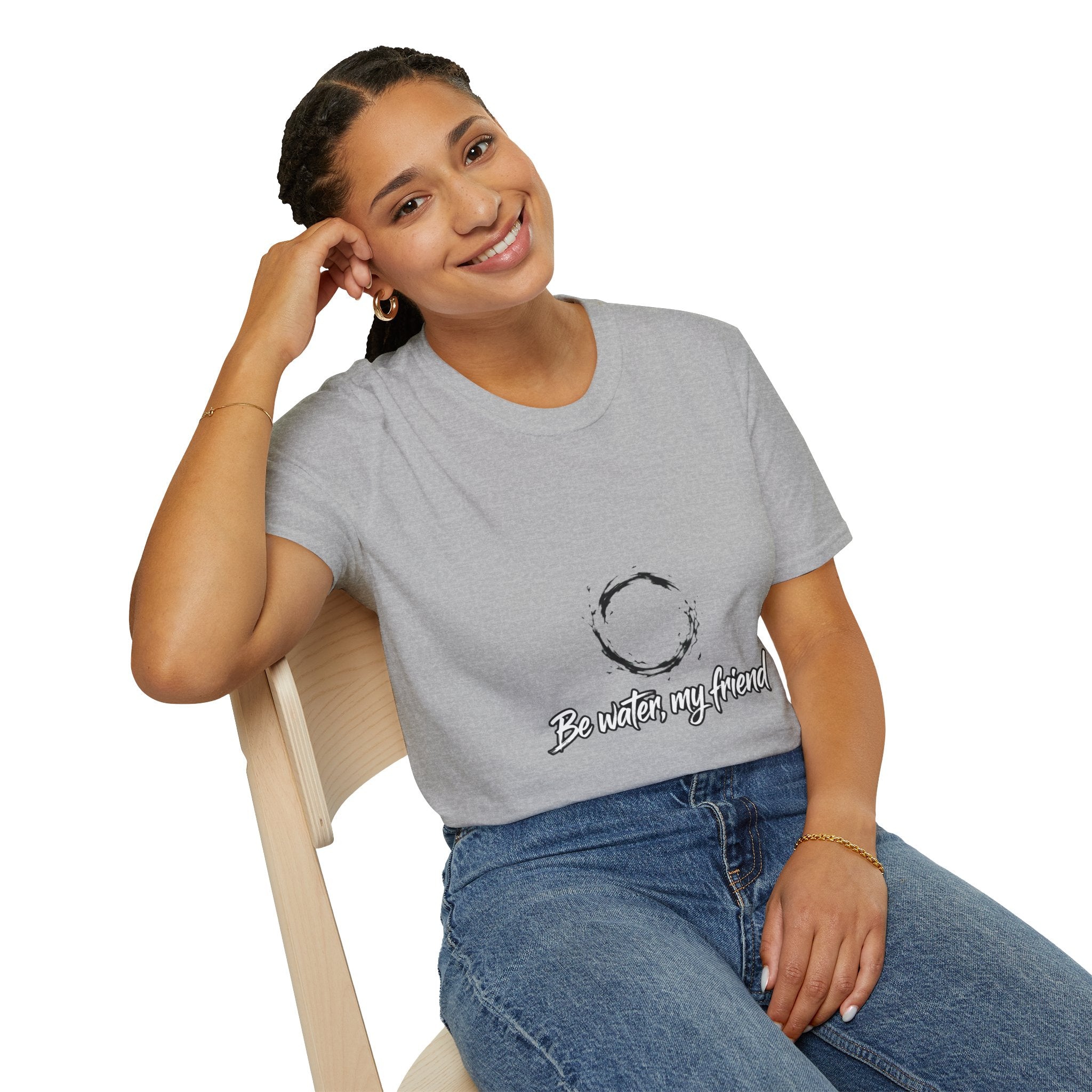 New T‑Shirt Minimal Zen Brush Circle with “Be Water, My Friend” Inspirational Graphic