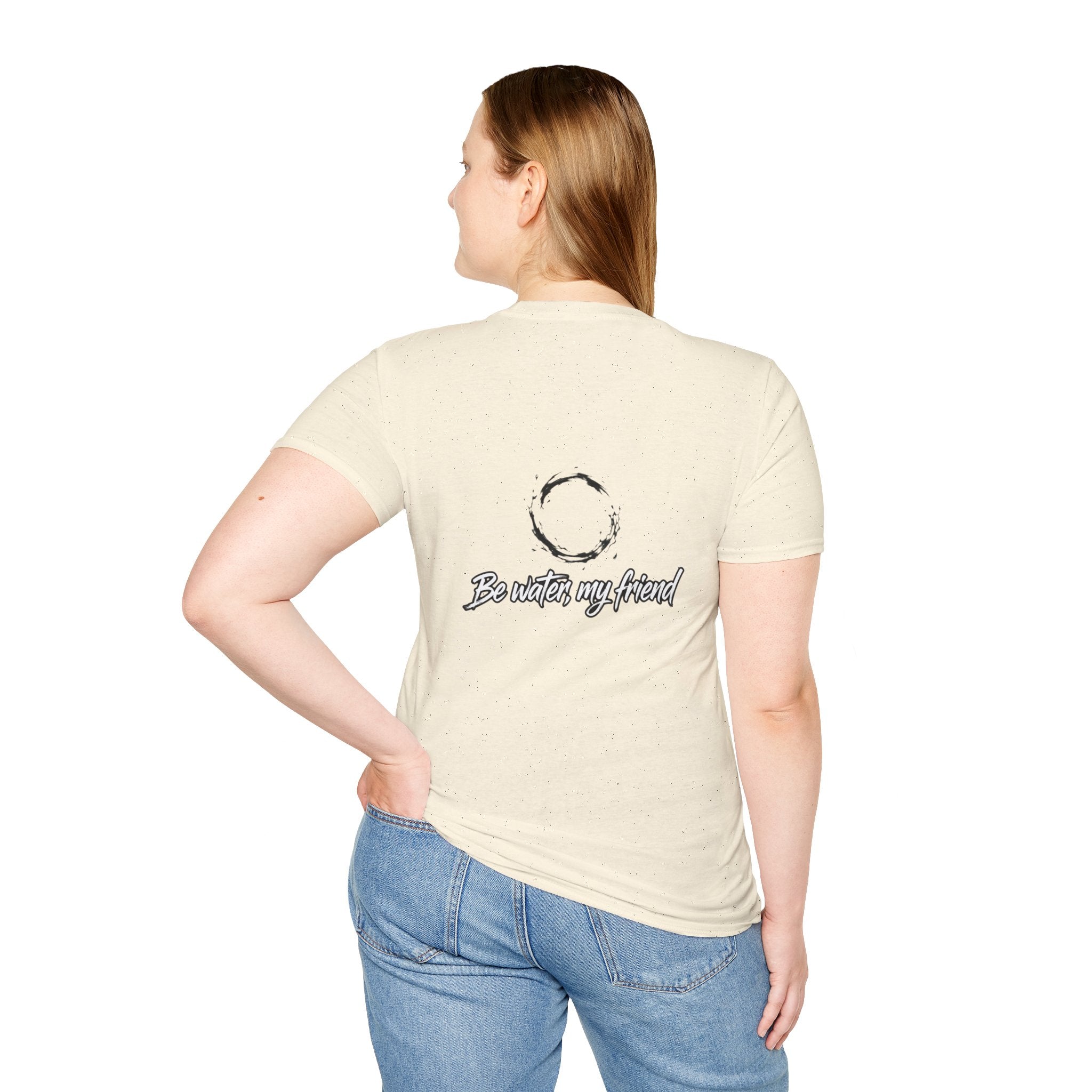 New T‑Shirt Minimal Zen Brush Circle with “Be Water, My Friend” Inspirational Graphic