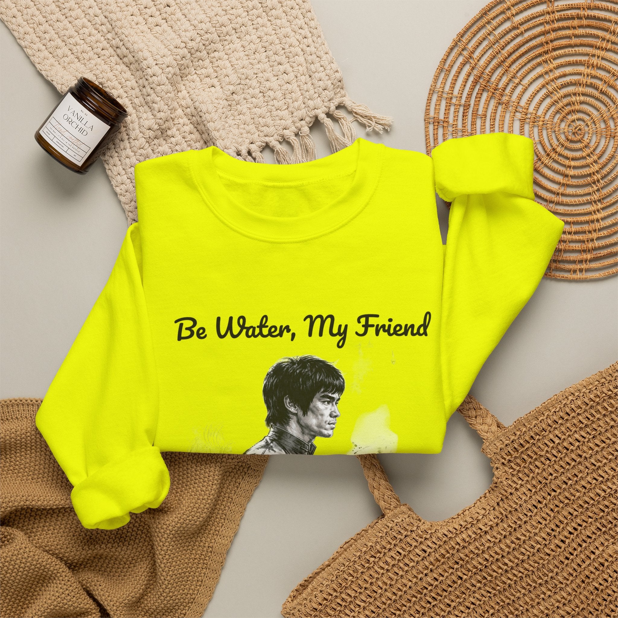 "Be Water" Sweatshirt – Bruce Lee Classic Quote with Water Portrait, Soft Brushed Interior, Perfect for Cold Weather Layering