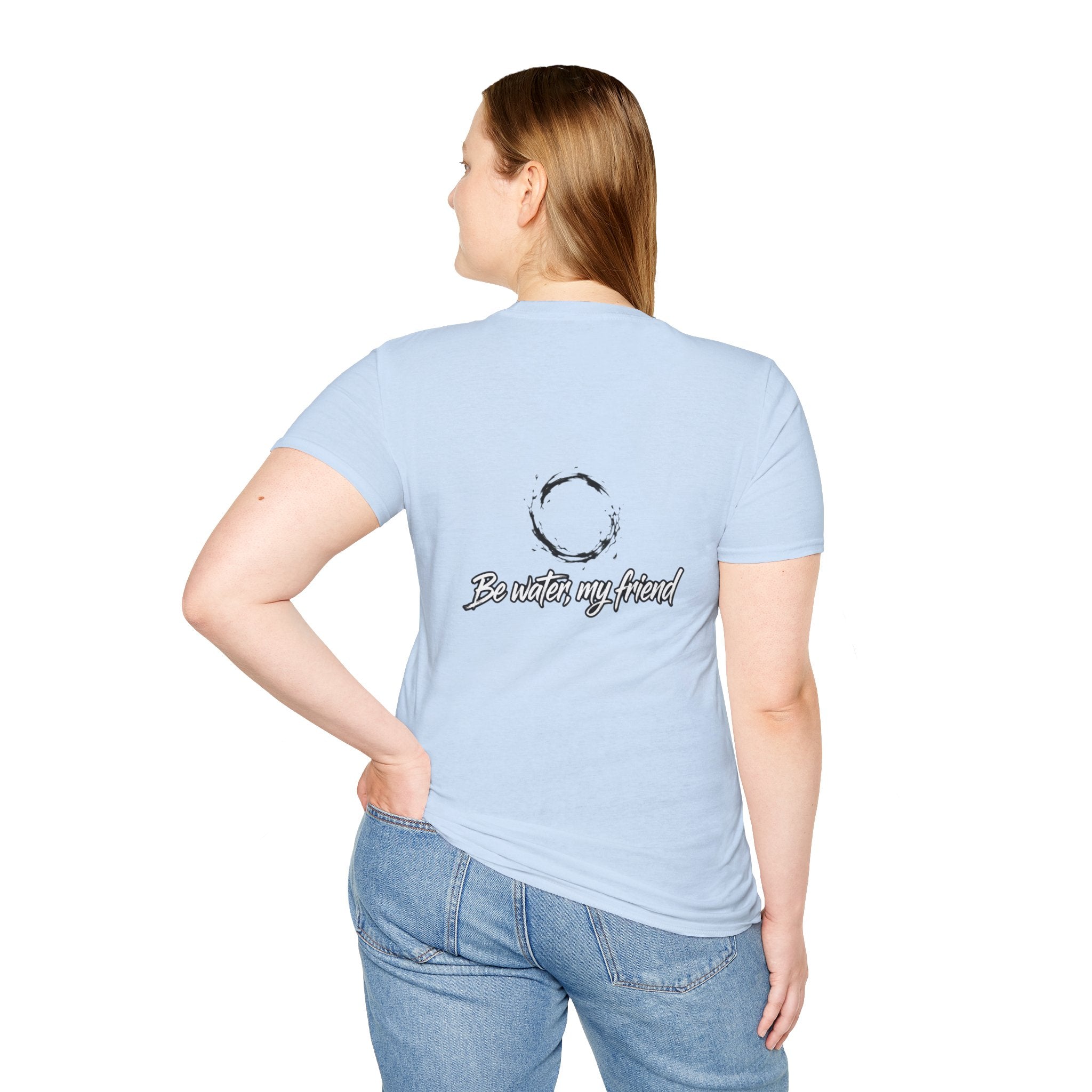 New T‑Shirt Minimal Zen Brush Circle with “Be Water, My Friend” Inspirational Graphic