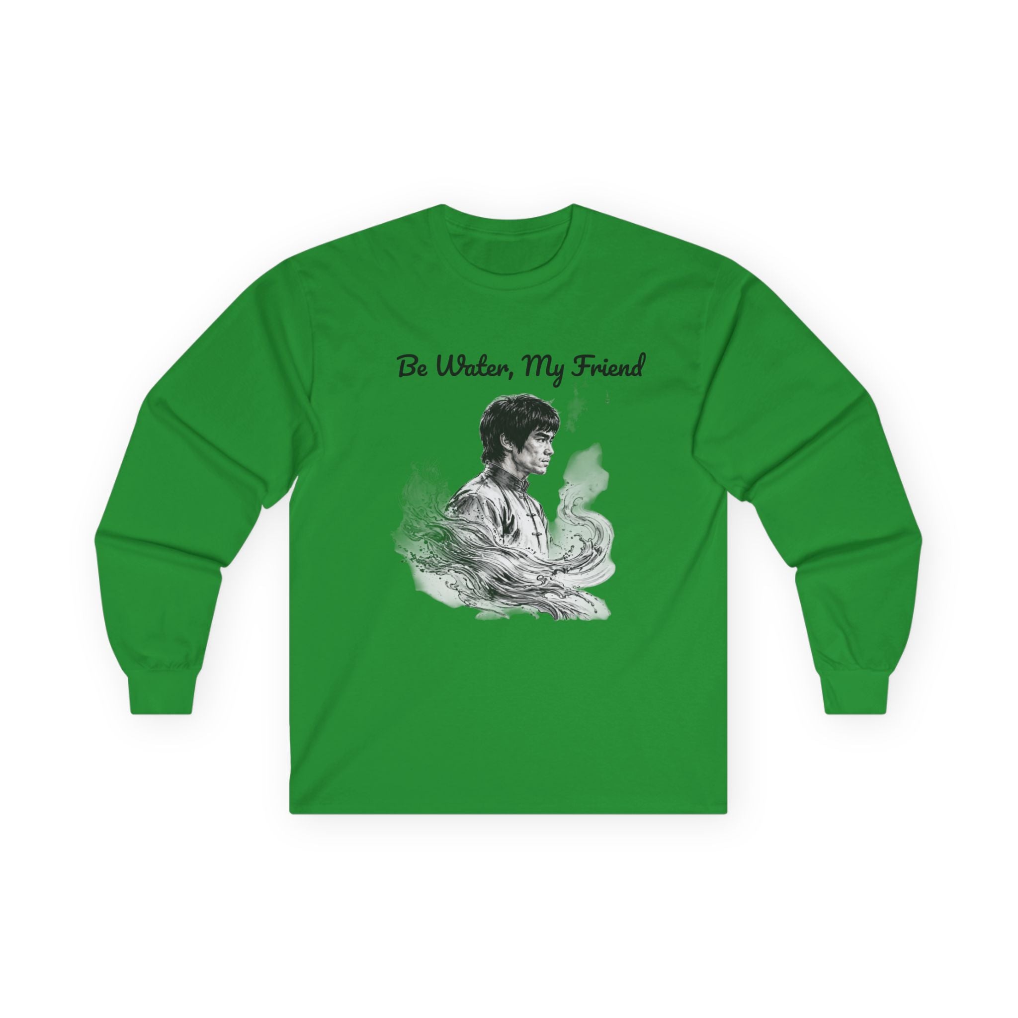 Flow Like Water: Bruce Lee Long Sleeve Crew Tee – Timeless Wisdom with Minimalist Water Art, Perfect for Layering