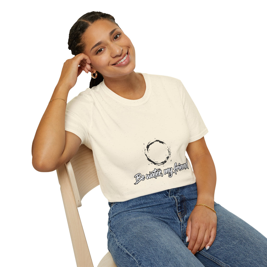 New T‑Shirt Minimal Zen Brush Circle with “Be Water, My Friend” Inspirational Graphic