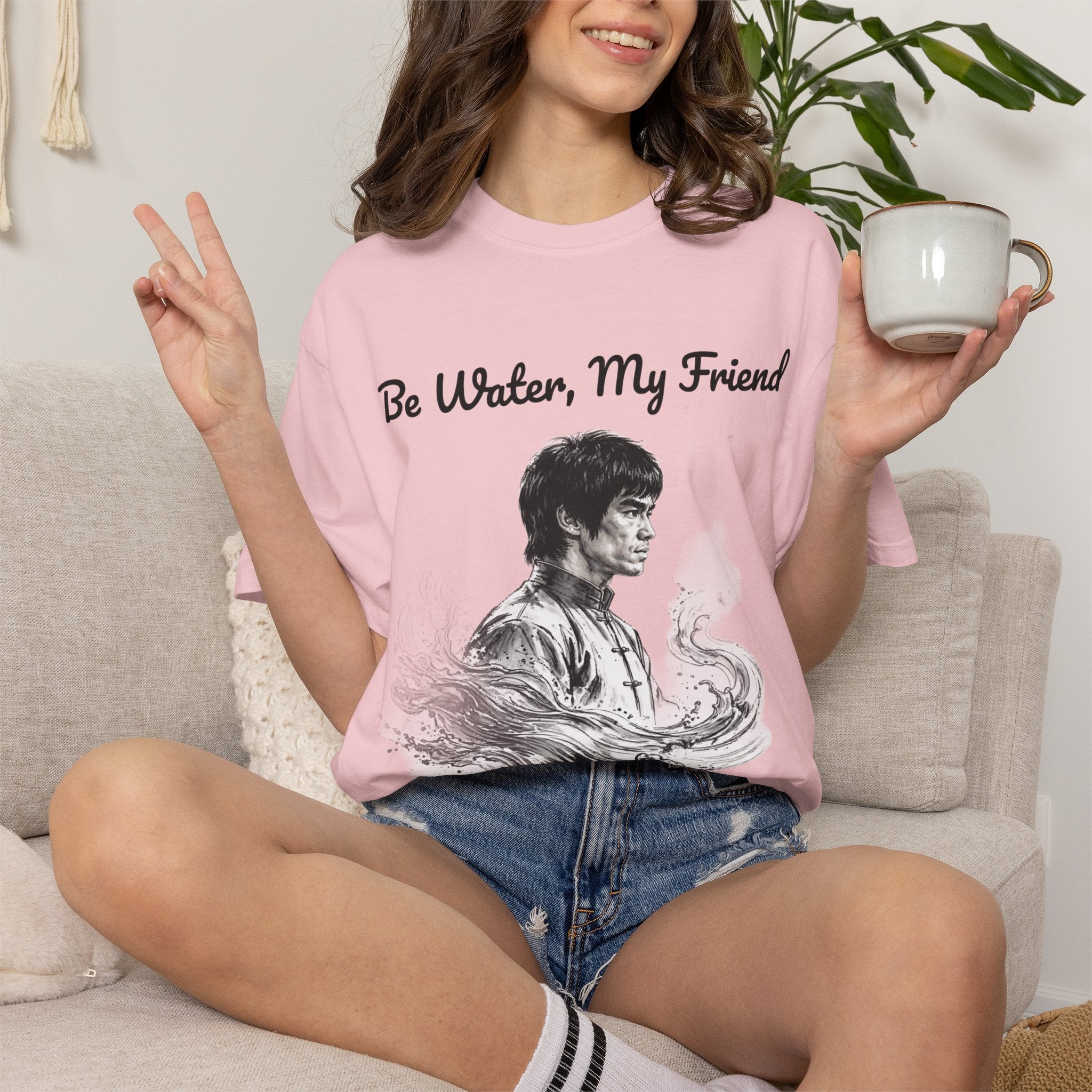 Embrace Adaptability: Bruce Lee Graphic T-Shirt, Classic Monochrome Portrait, Vintage Wash