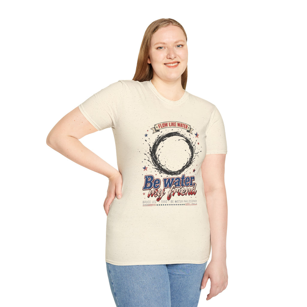 The “Be Water” Tee – Bruce Lee’s Flow Philosophy on a Retro-Inspired Shirt, Featuring FLOW LIKE WATER and 1940 Badge, Black Type on Soft Fabric