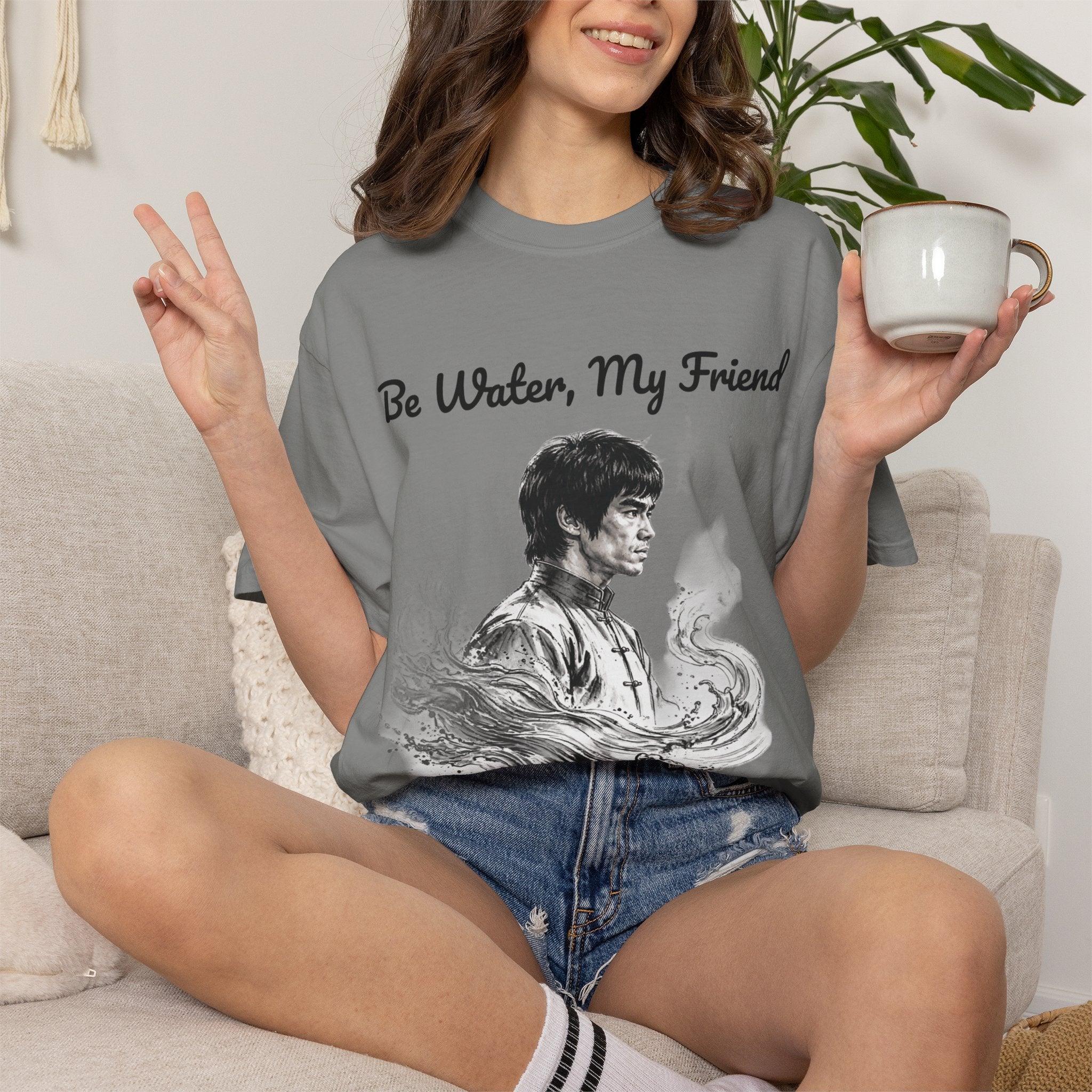 Embrace Adaptability: Bruce Lee Graphic T-Shirt, Classic Monochrome Portrait, Vintage Wash